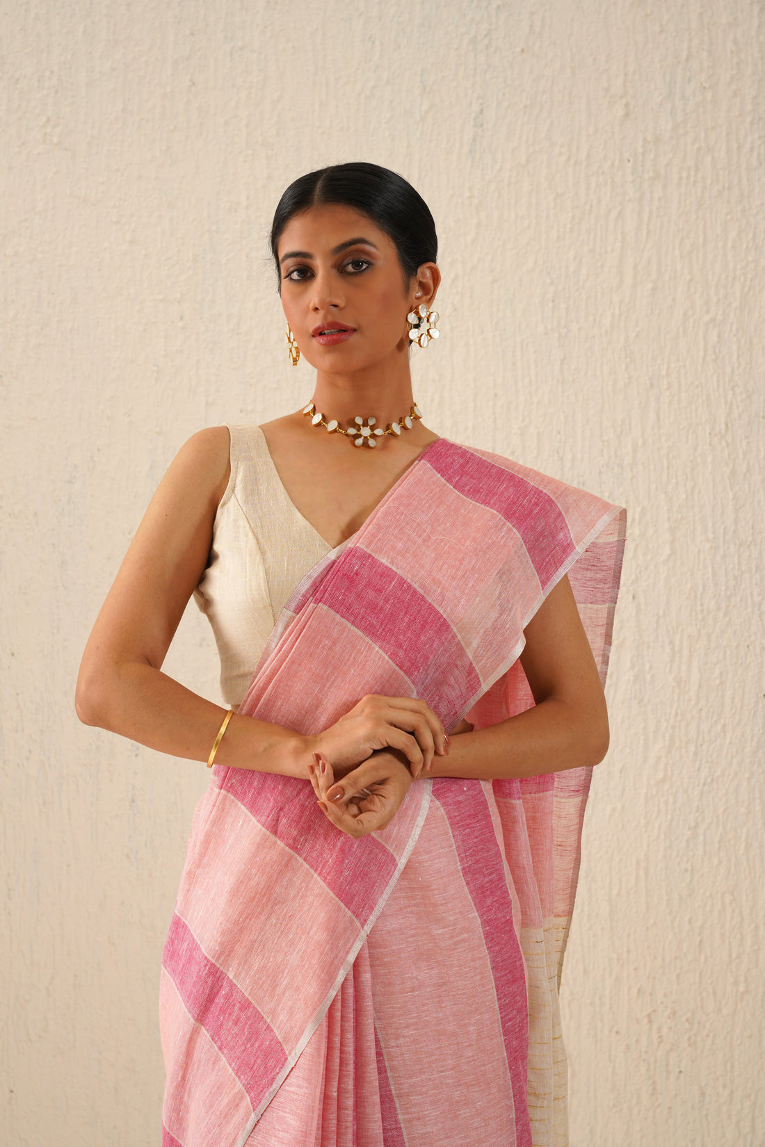 Bubblegum Pink Striped Handloom Linen Sari