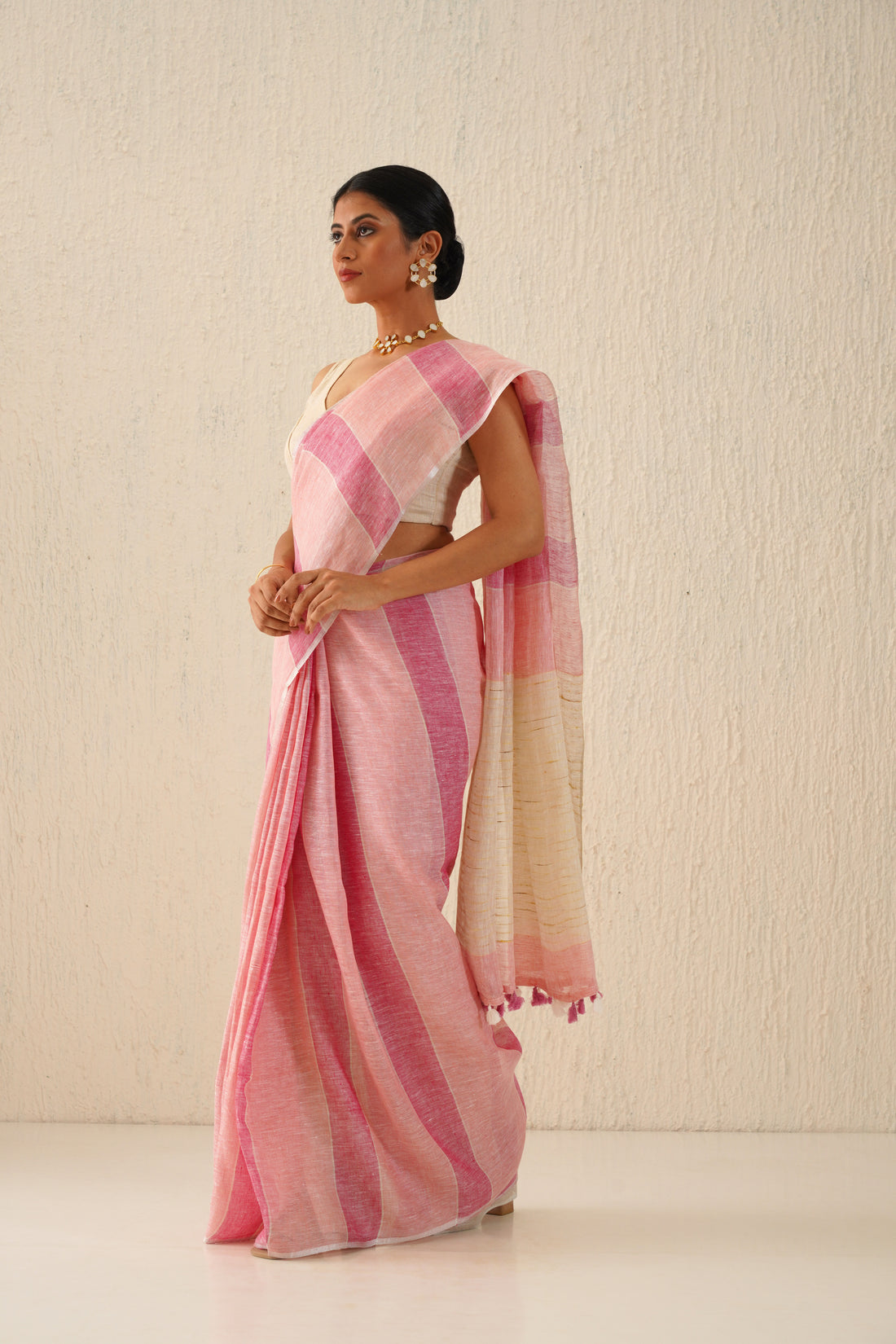 Bubblegum Pink Striped Handloom Linen Sari