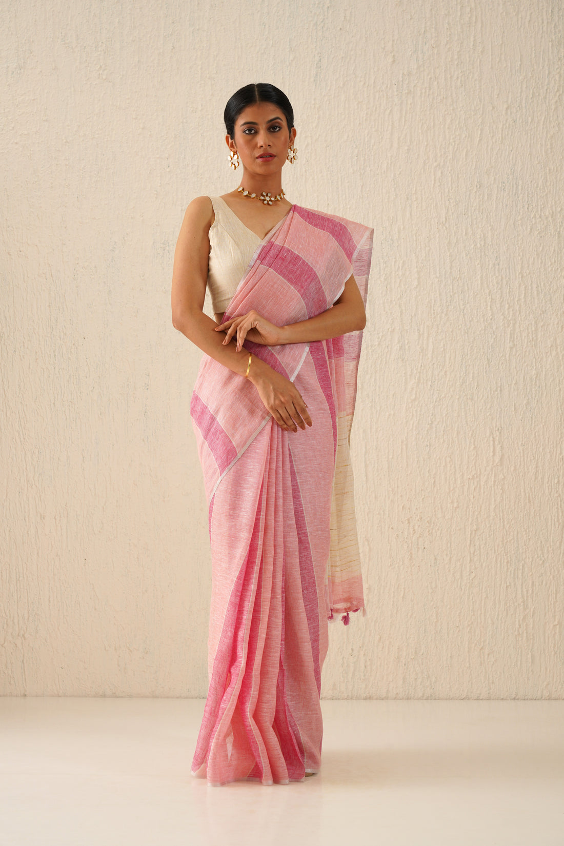 Bubblegum Pink Striped Handloom Linen Sari