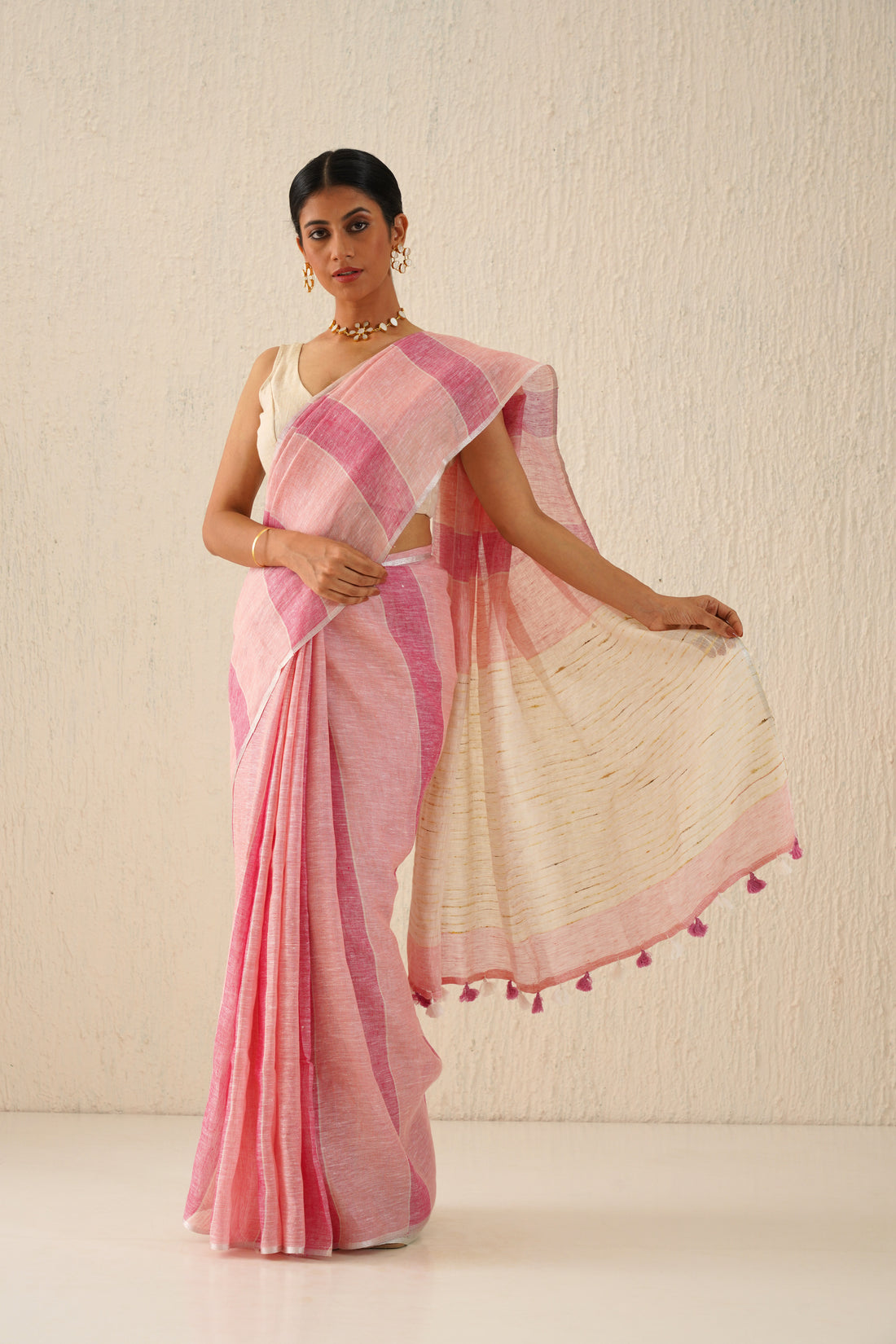 Bubblegum Pink Striped Handloom Linen Sari