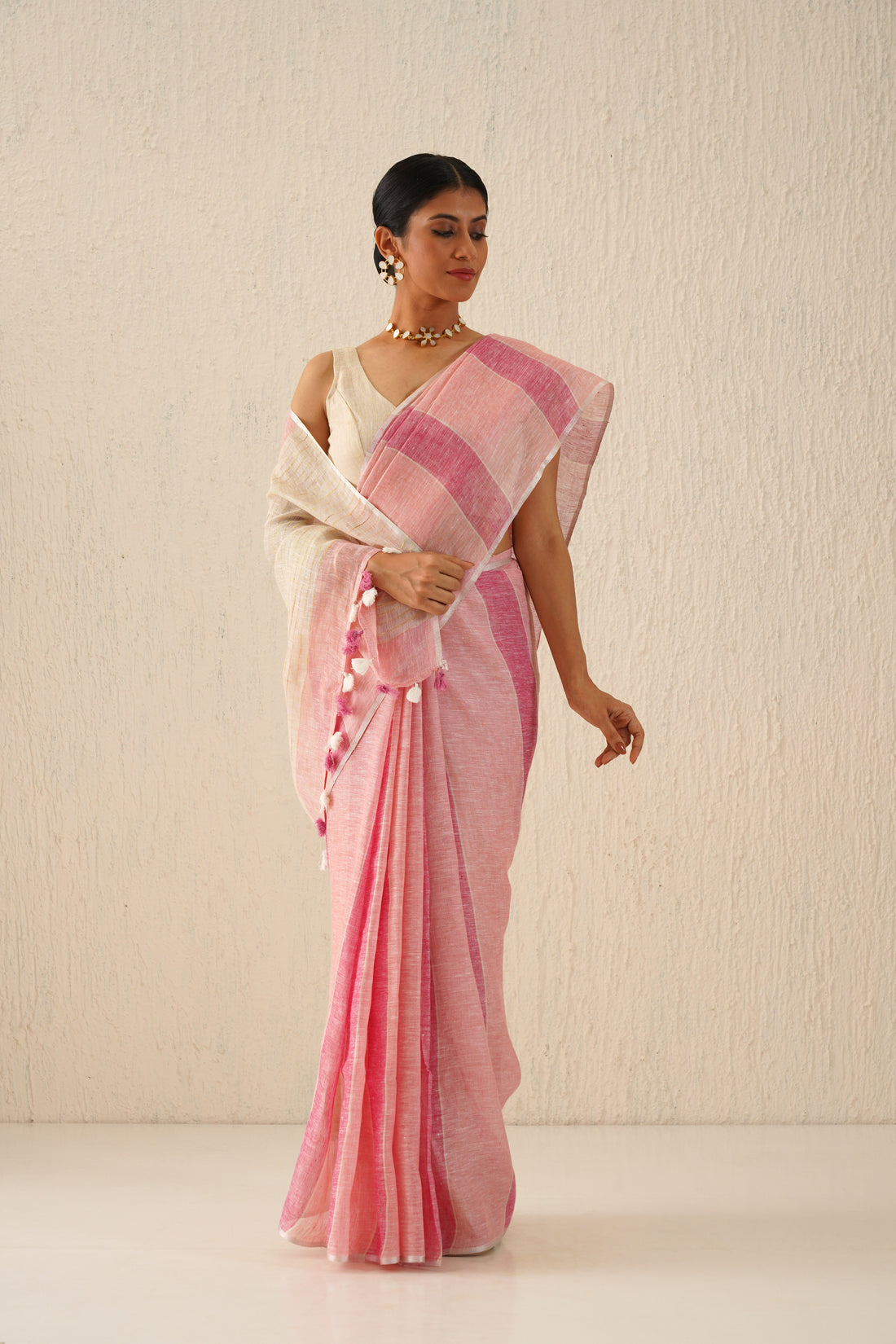 Bubblegum Pink Striped Handloom Linen Sari