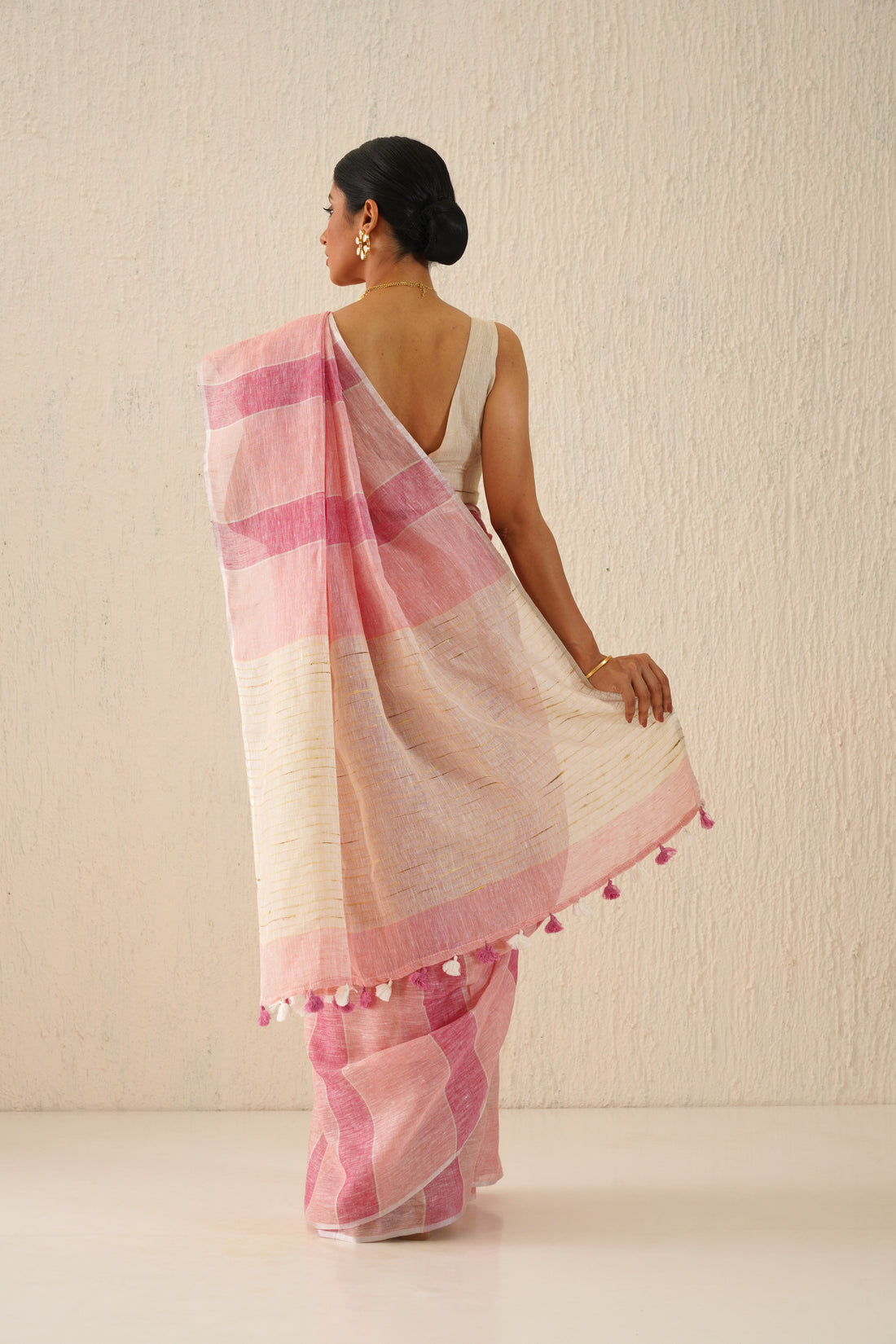 Bubblegum Pink Striped Handloom Linen Sari