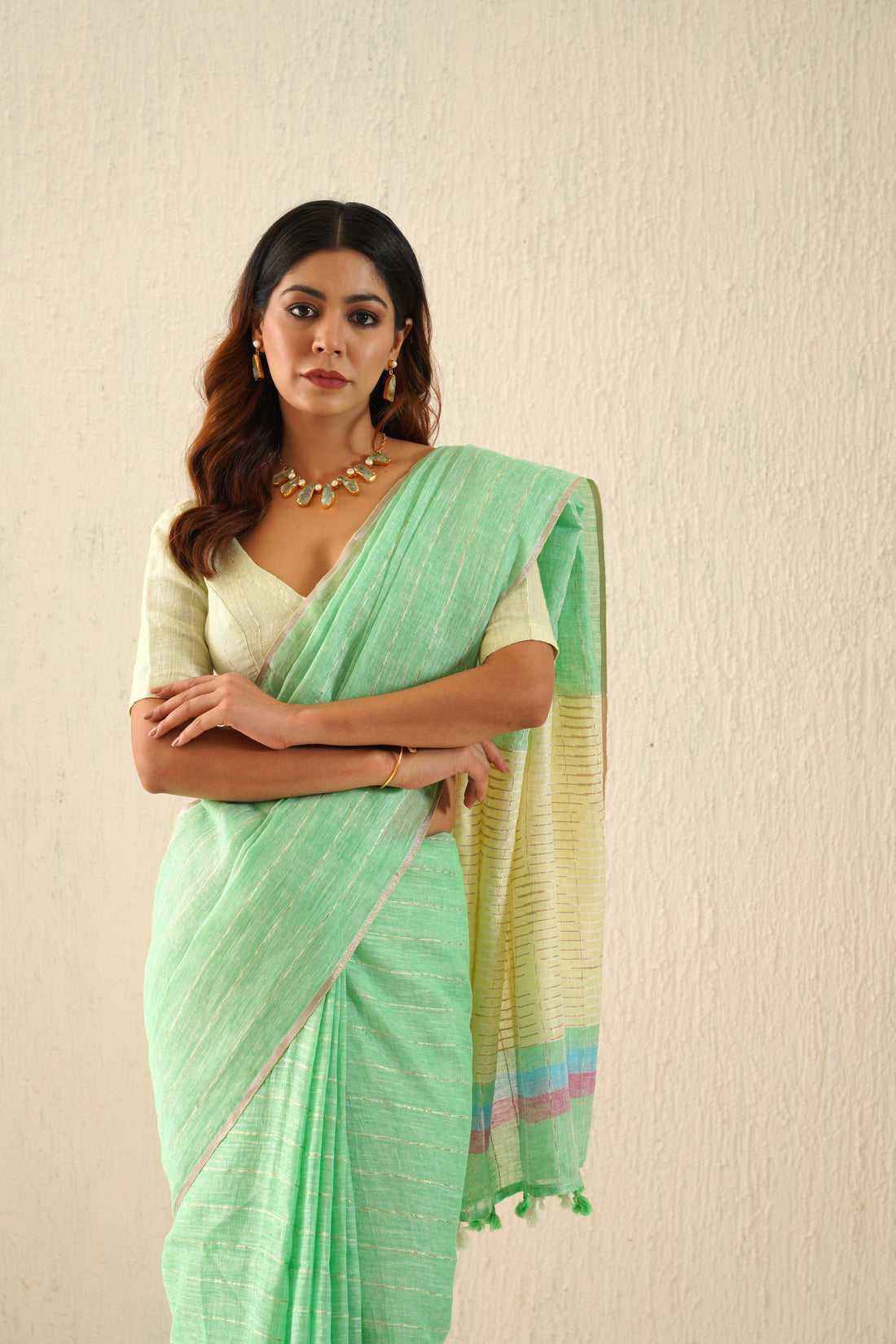 Inaaya Pastel Green & Yellow Stripe Handloom Linen Sari