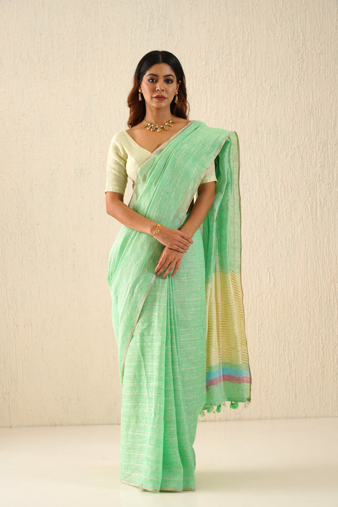 Inaaya Pastel Green & Yellow Stripe Handloom Linen Sari