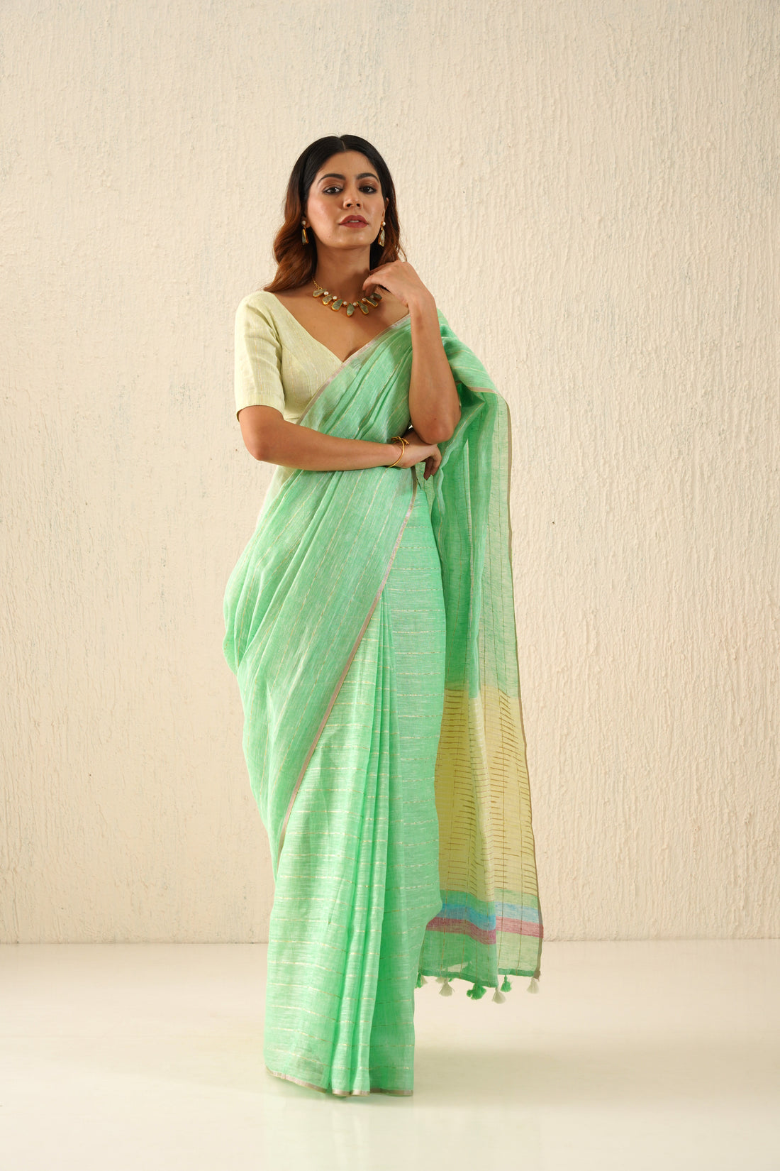 Inaaya Pastel Green & Yellow Stripe Handloom Linen Sari