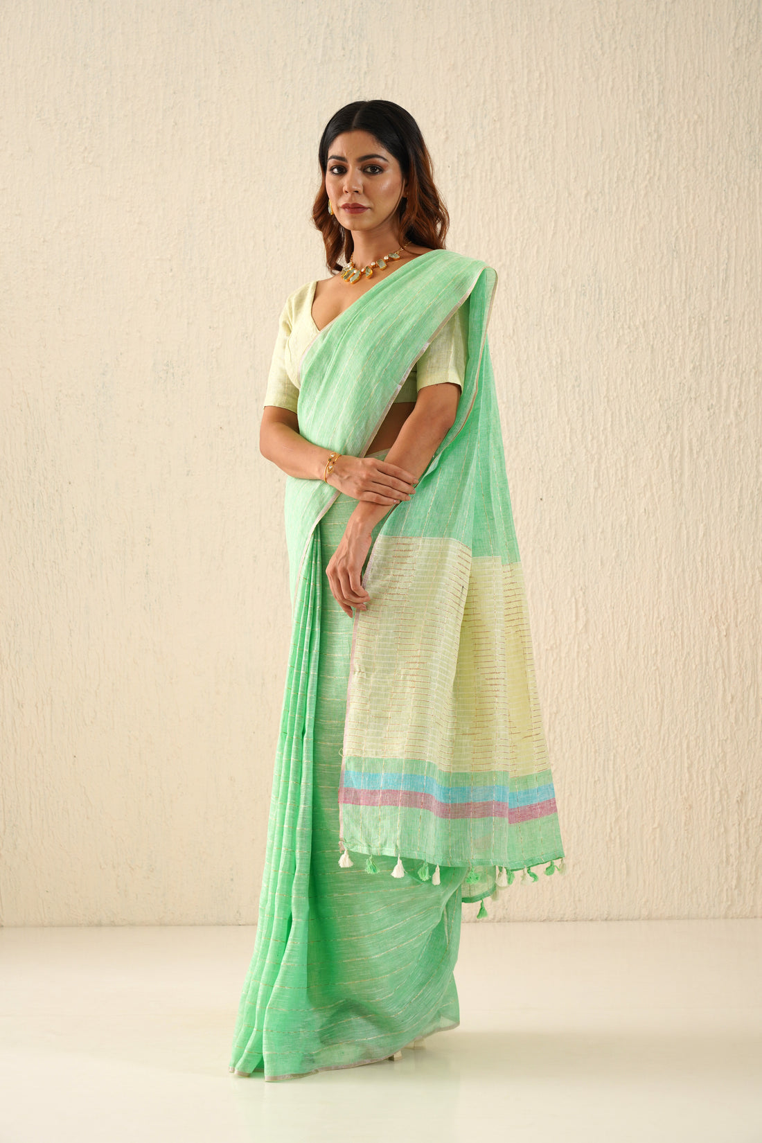 Inaaya Pastel Green & Yellow Stripe Handloom Linen Sari