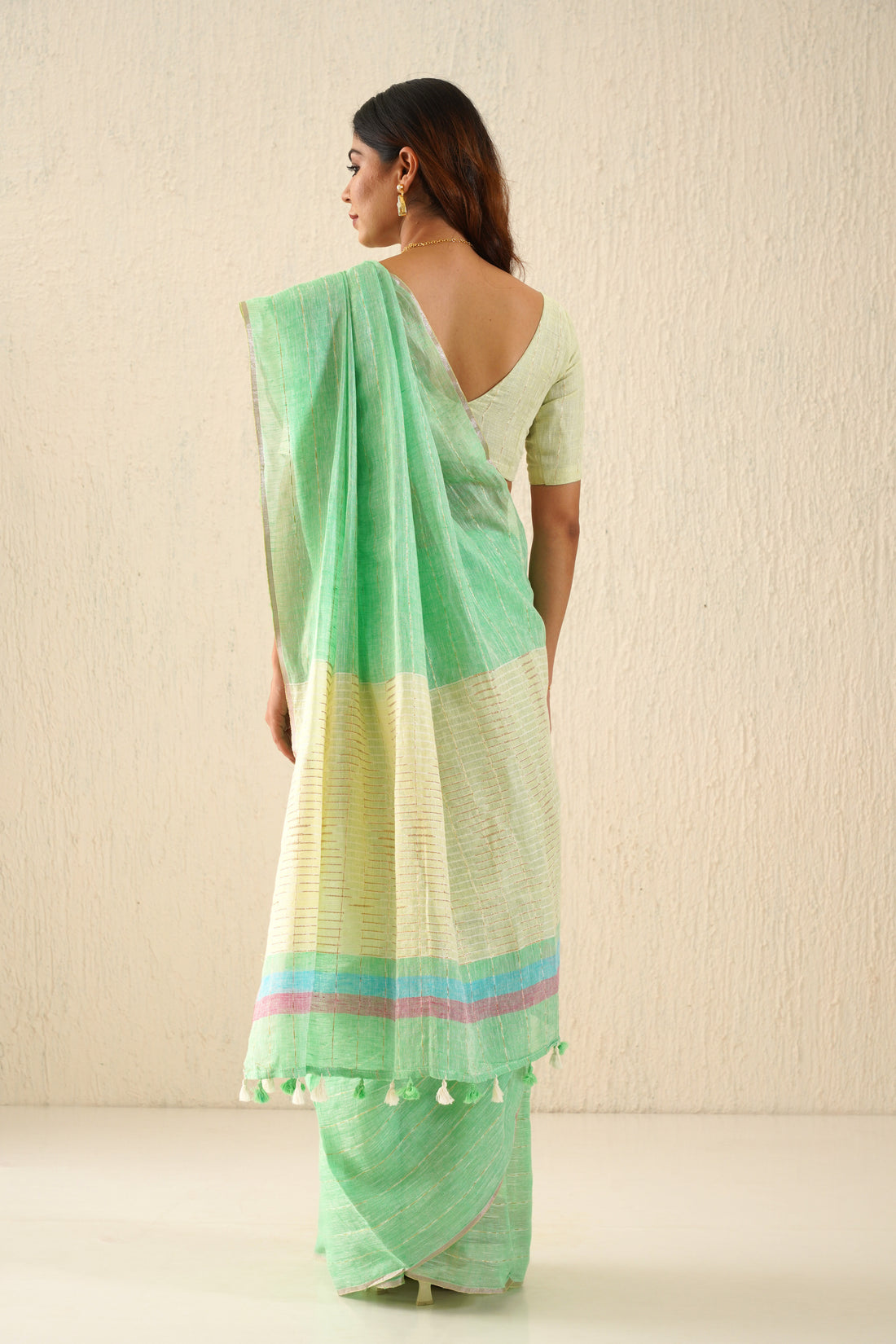 Inaaya Pastel Green & Yellow Stripe Handloom Linen Sari