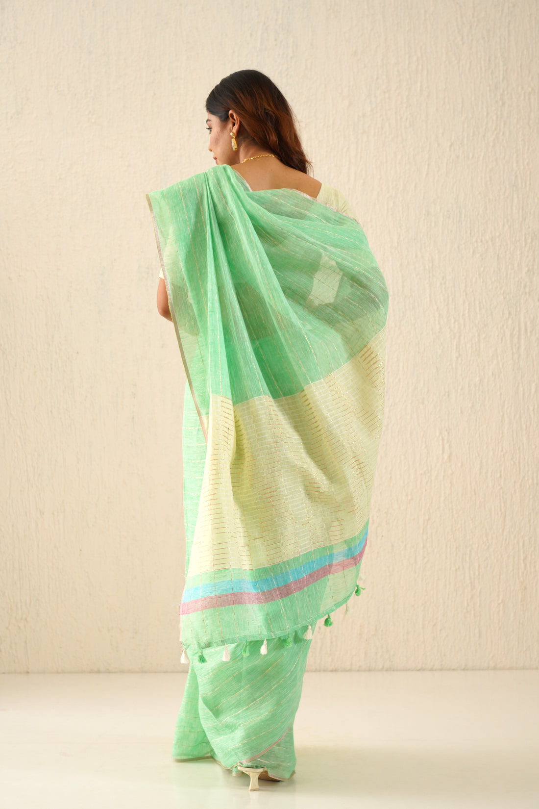 Inaaya Pastel Green & Yellow Stripe Handloom Linen Sari