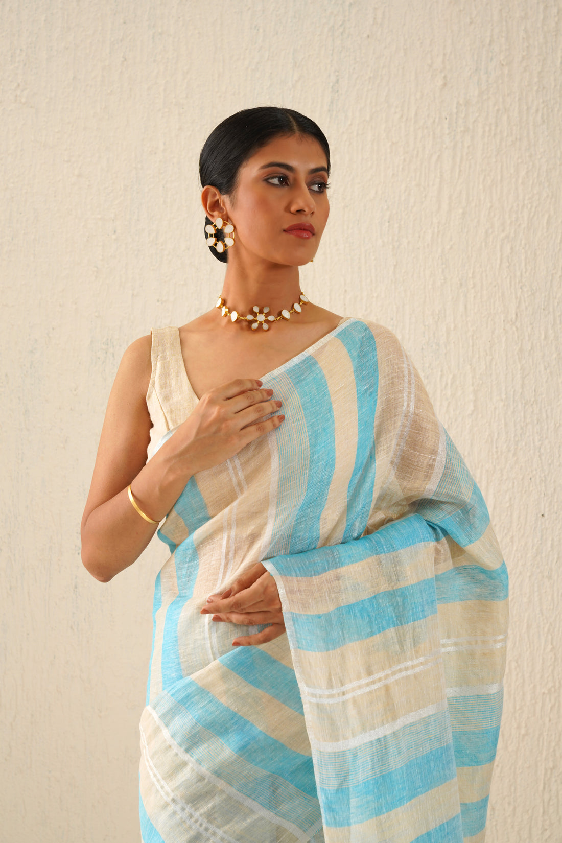 Yuvika Pastel Blue & Beige Stripe Handloom Linen Sari