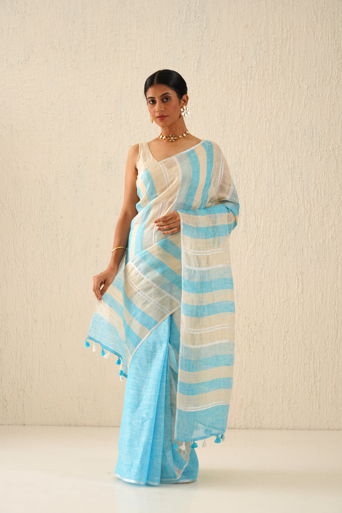 Yuvika Pastel Blue & Beige Stripe Handloom Linen Sari