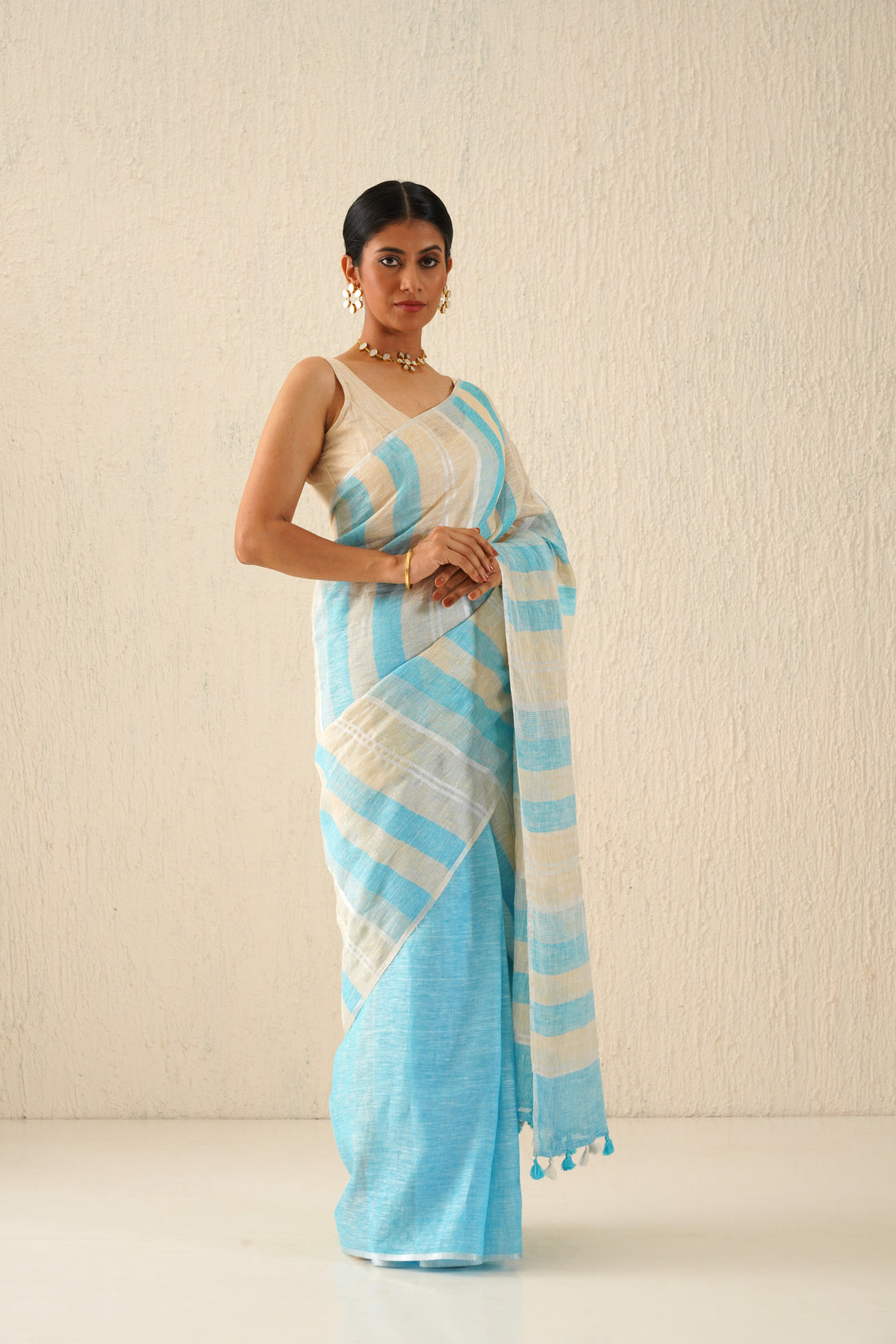 Yuvika Pastel Blue & Beige Stripe Handloom Linen Sari