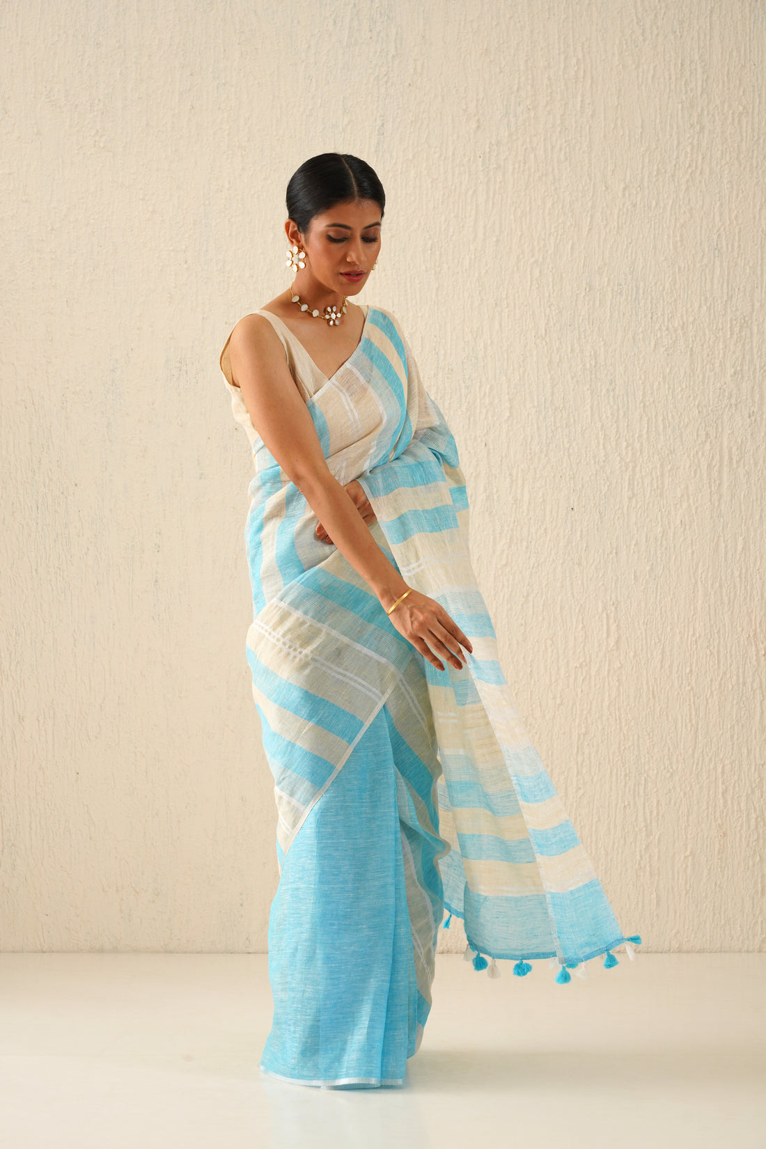 Yuvika Pastel Blue & Beige Stripe Handloom Linen Sari