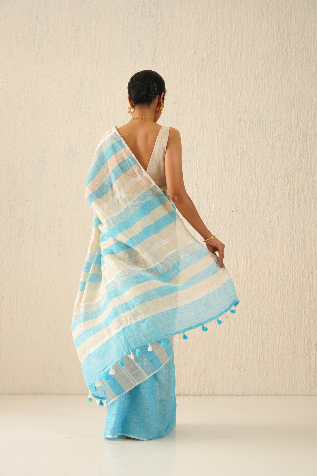 Yuvika Pastel Blue & Beige Stripe Handloom Linen Sari