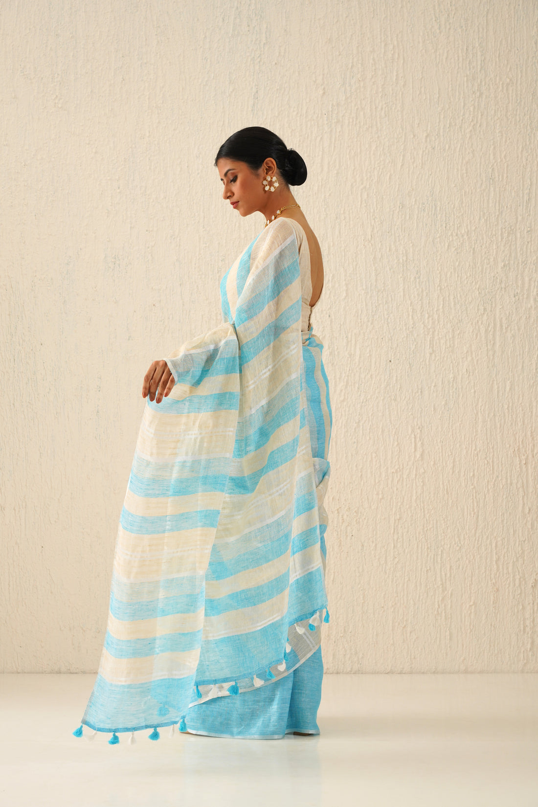 Yuvika Pastel Blue & Beige Stripe Handloom Linen Sari