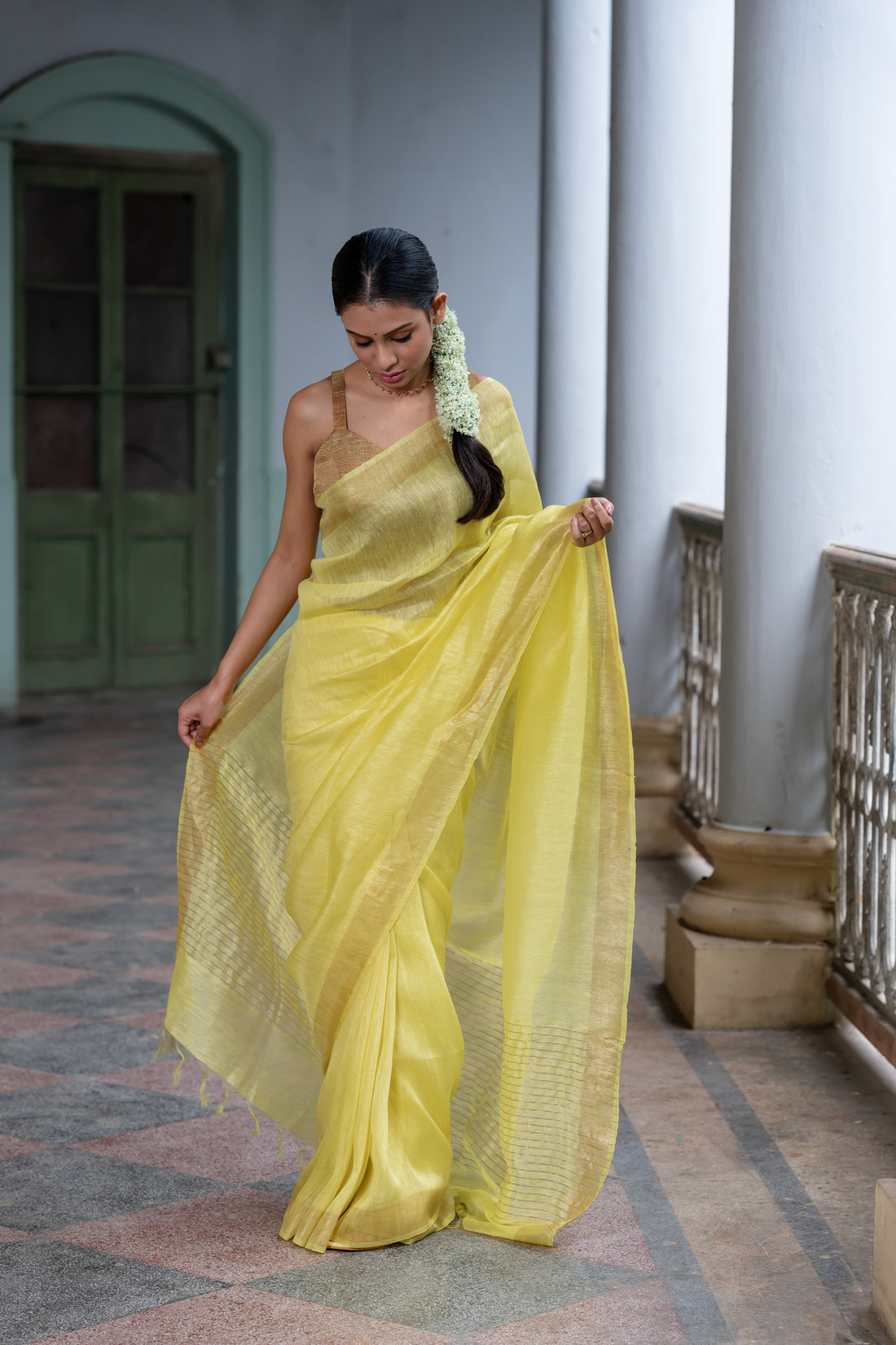 Cocktail Bliss Lemon Yellow Linen Silk Sari