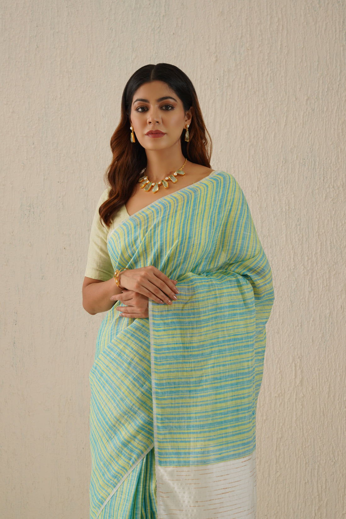 Myra Aqua Striped Handloom Linen Sari