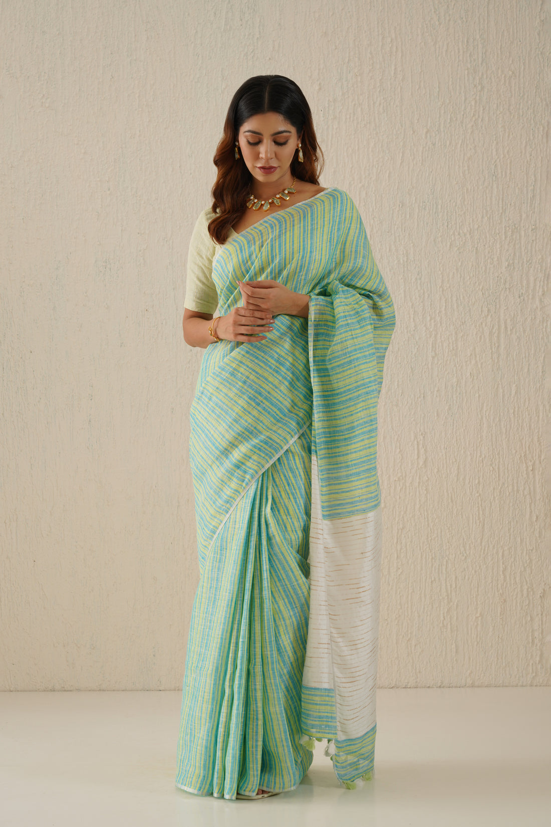 Myra Aqua Striped Handloom Linen Sari