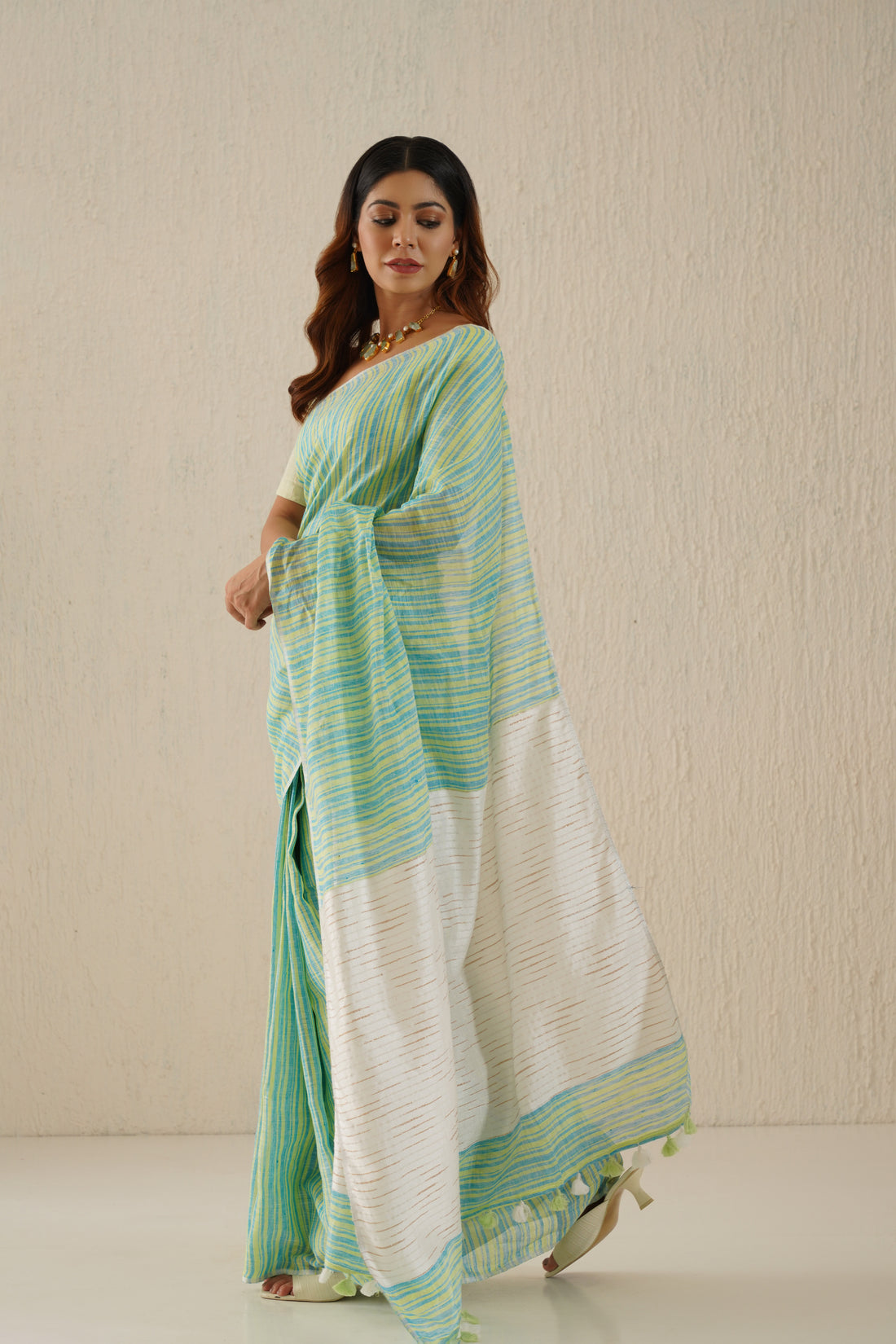 Myra Aqua Striped Handloom Linen Sari