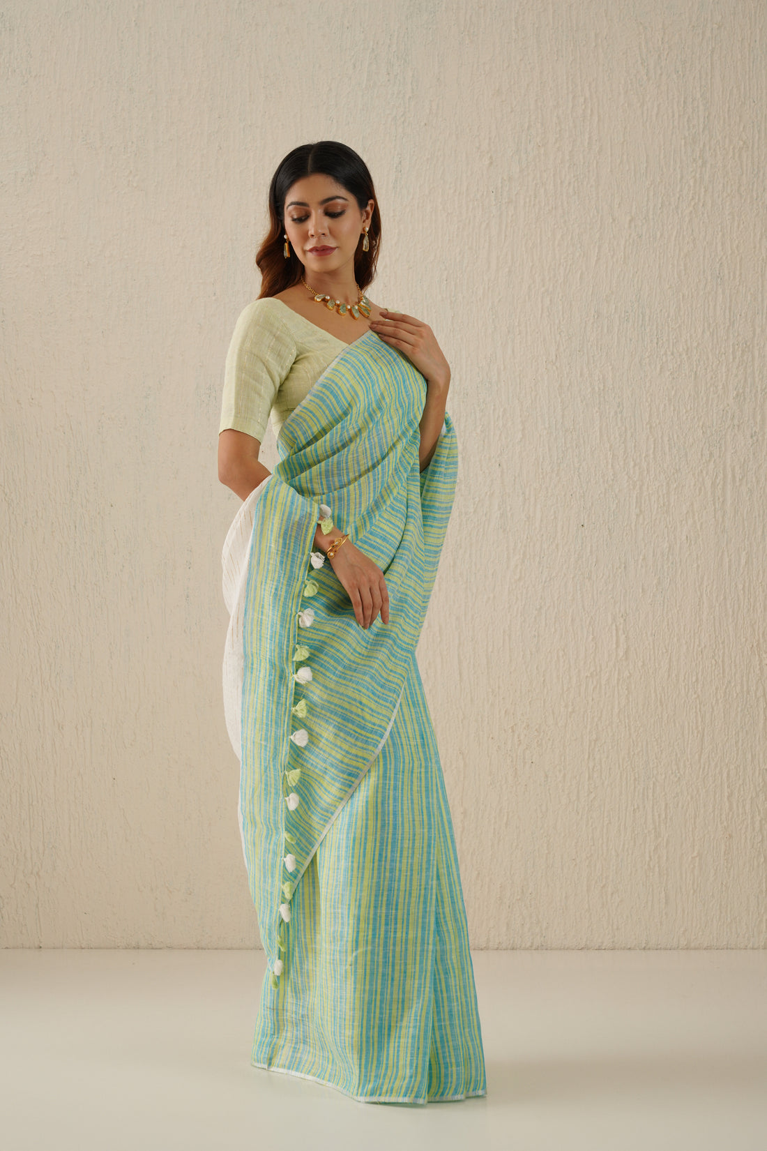 Myra Aqua Striped Handloom Linen Sari