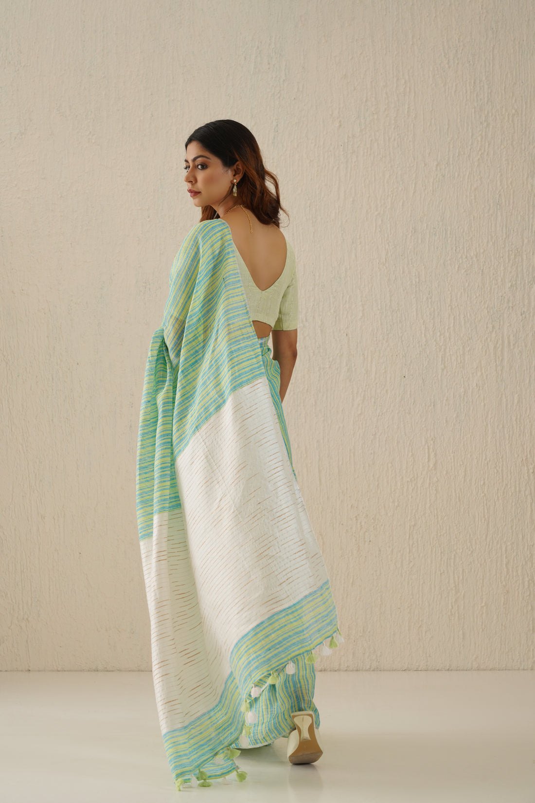 Myra Aqua Striped Handloom Linen Sari