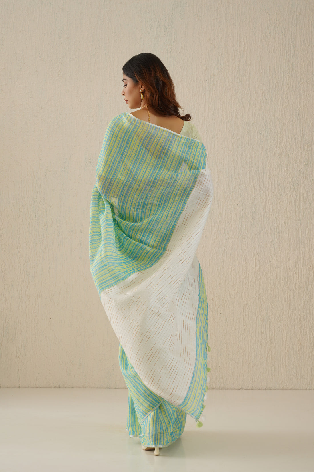 Myra Aqua Striped Handloom Linen Sari