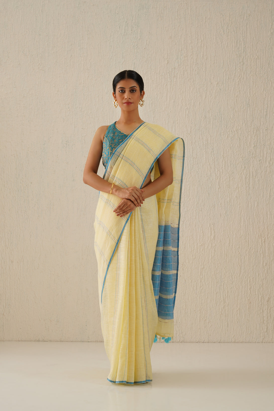 Shagun Pastel Yellow & Blue Stripes Handloom Linen Sari