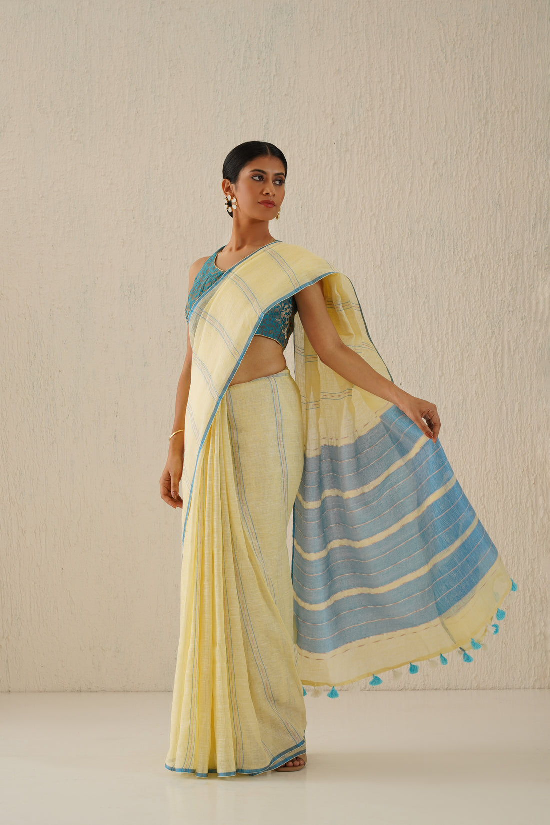 Shagun Pastel Yellow & Blue Stripes Handloom Linen Sari