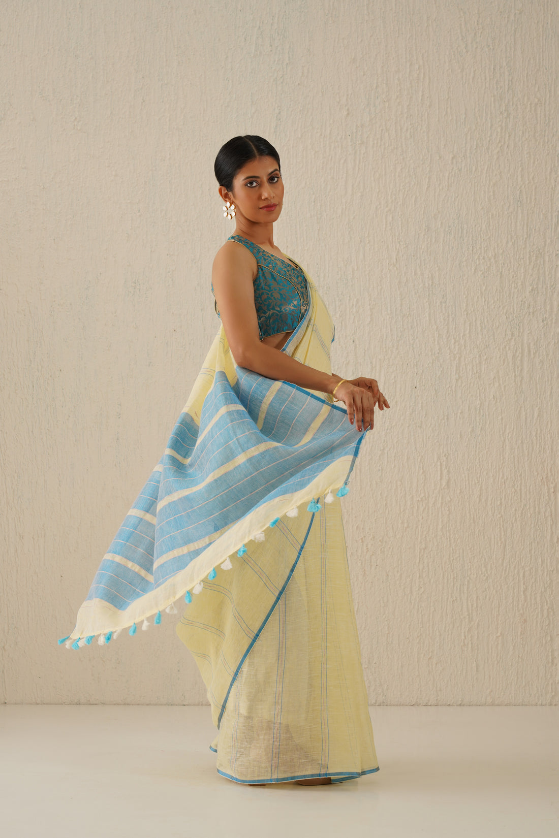 Shagun Pastel Yellow & Blue Stripes Handloom Linen Sari