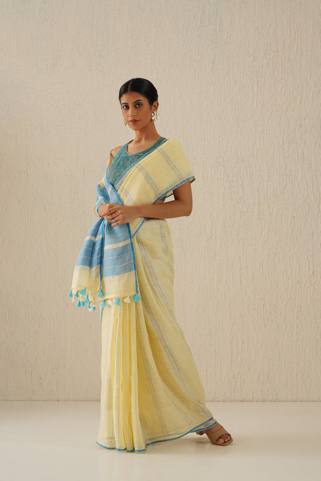 Shagun Pastel Yellow & Blue Stripes Handloom Linen Sari