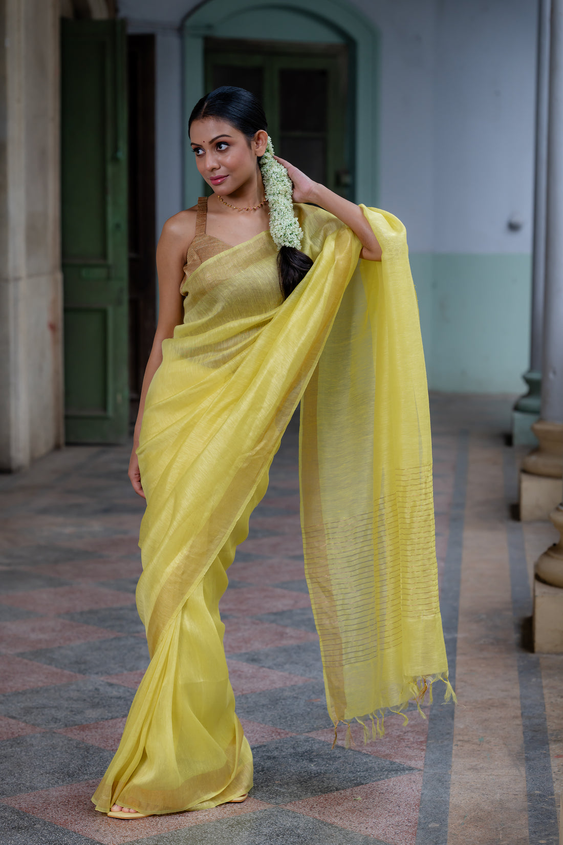 Cocktail Bliss Lemon Yellow Linen Silk Sari