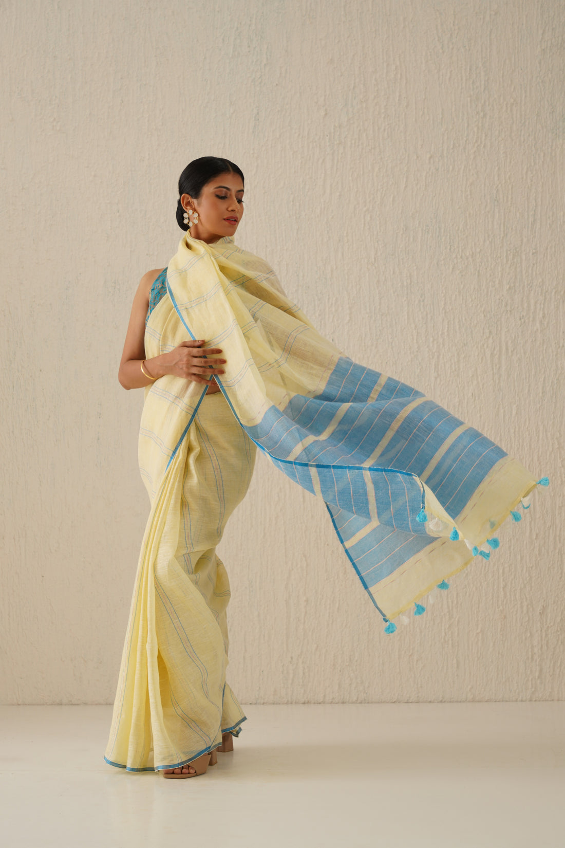 Shagun Pastel Yellow & Blue Stripes Handloom Linen Sari