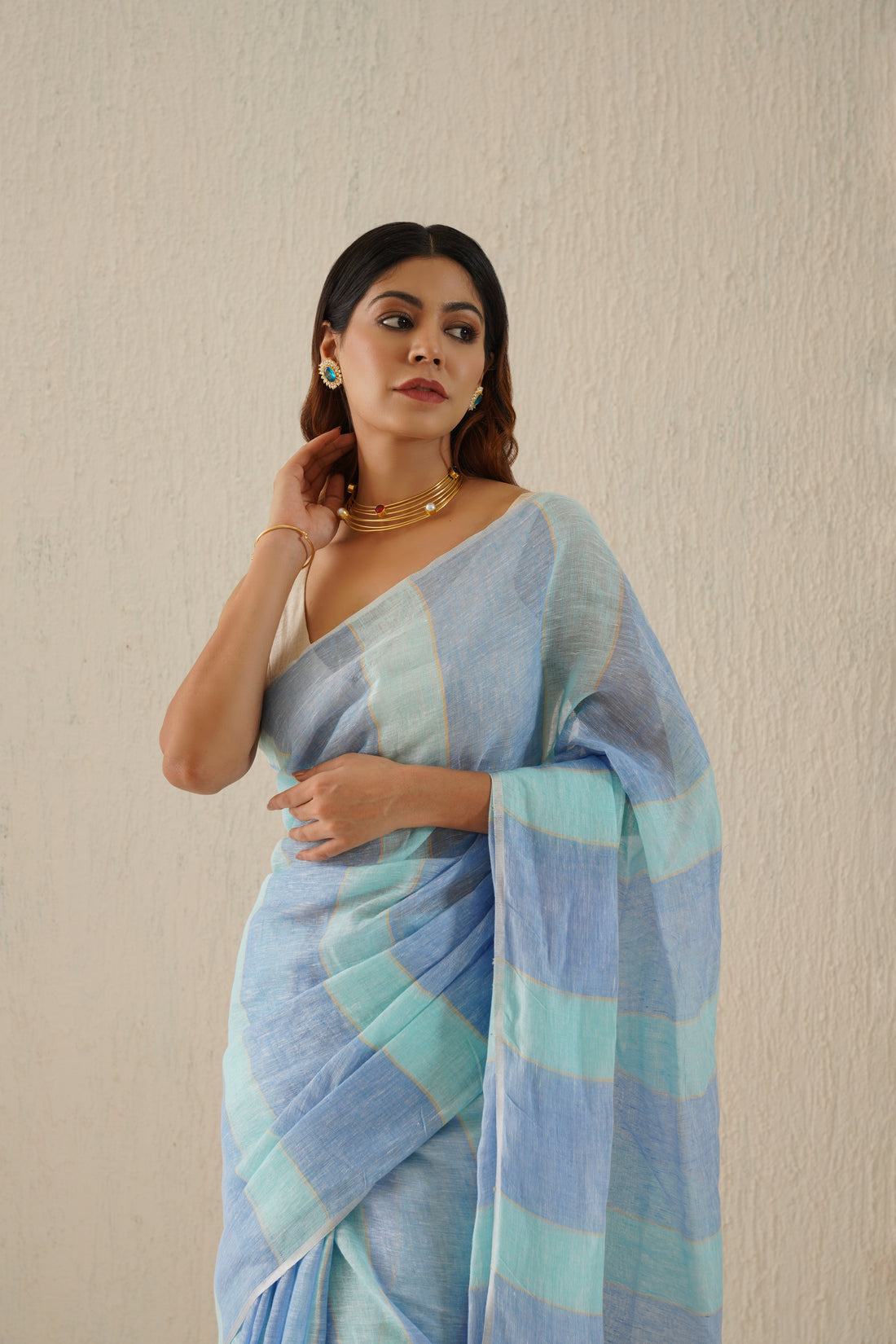 Shaya Powder Blue Stripe Handloom Linen Sari