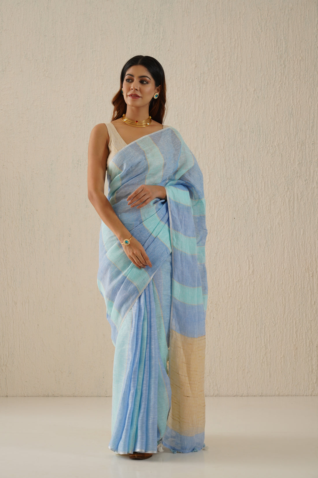 Shaya Powder Blue Stripe Handloom Linen Sari