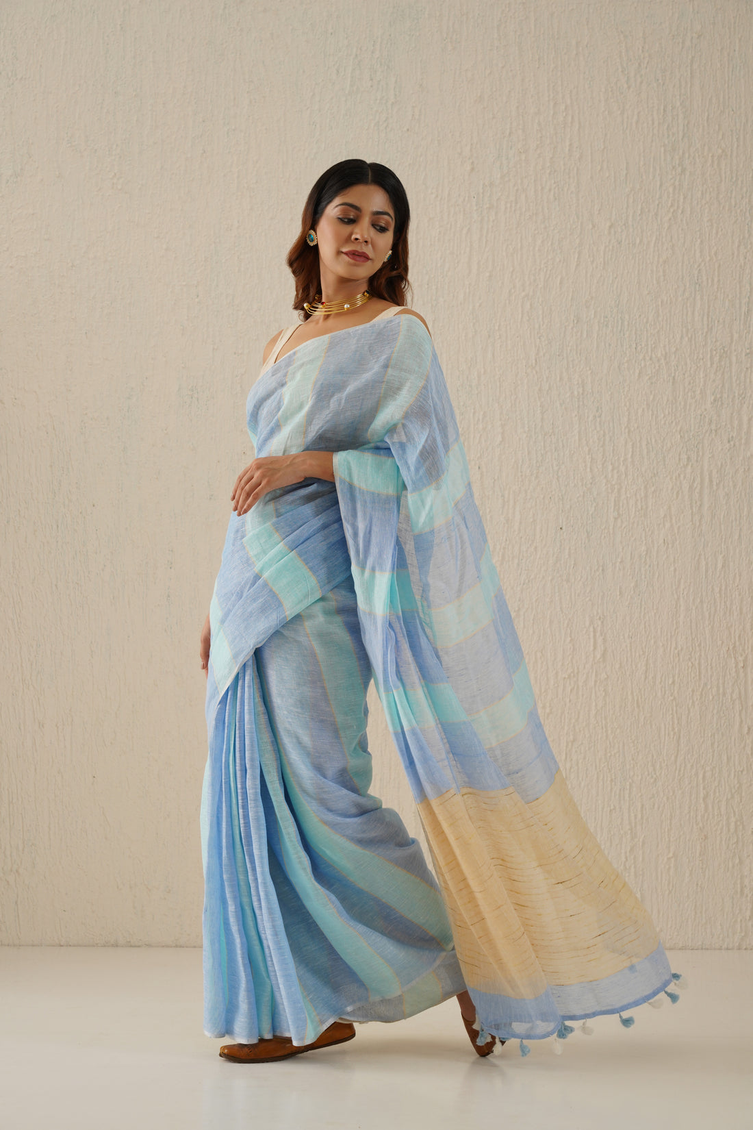 Shaya Powder Blue Stripe Handloom Linen Sari