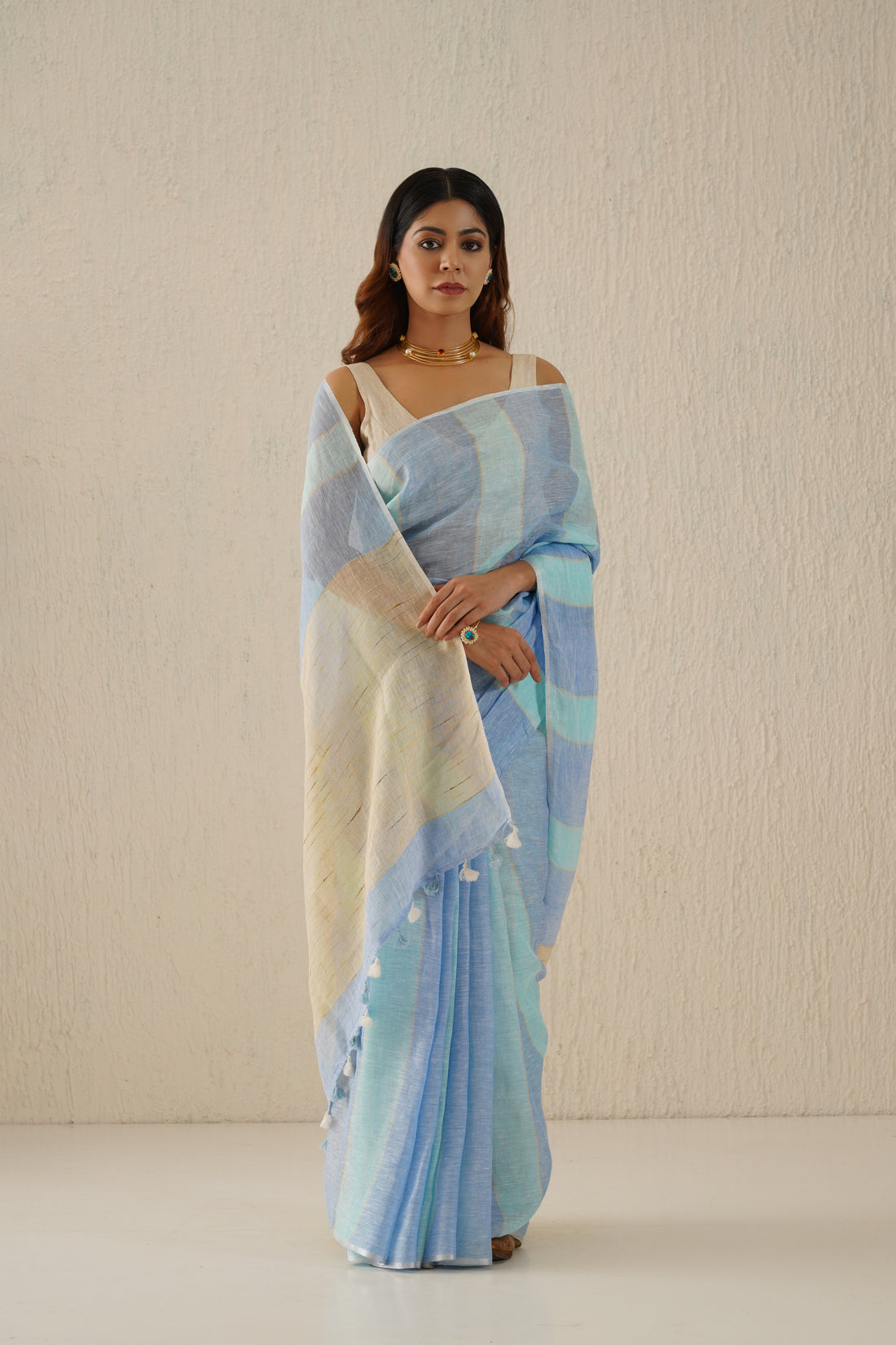 Shaya Powder Blue Stripe Handloom Linen Sari