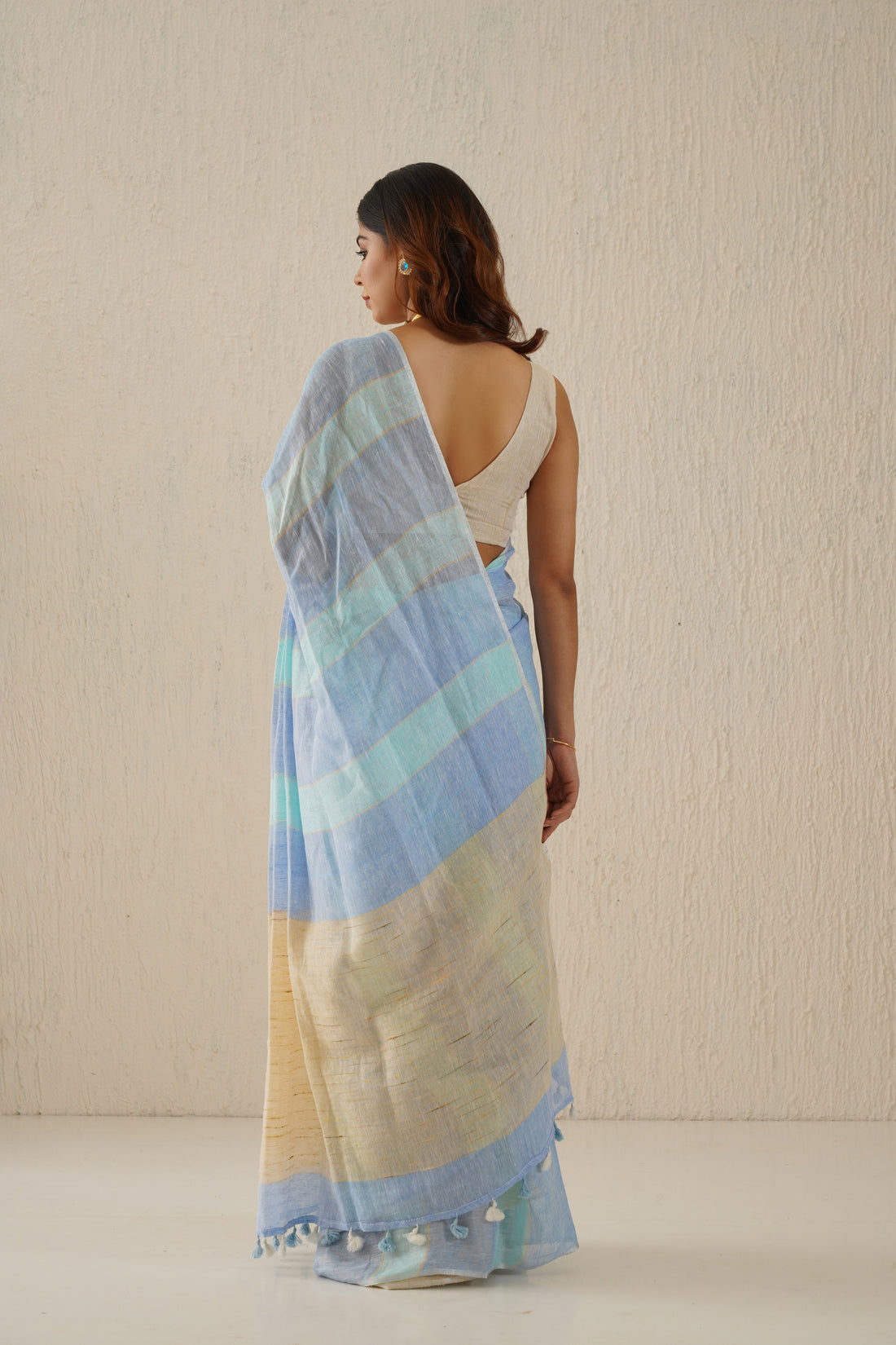 Shaya Powder Blue Stripe Handloom Linen Sari