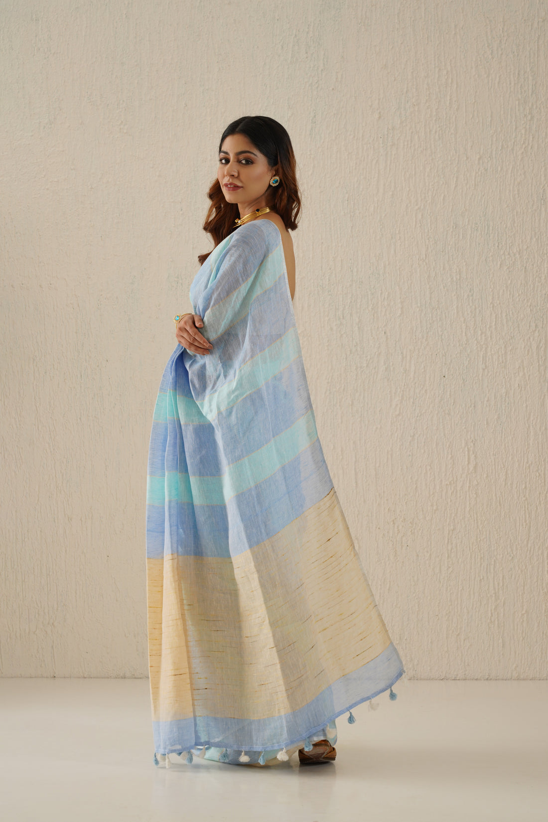 Shaya Powder Blue Stripe Handloom Linen Sari