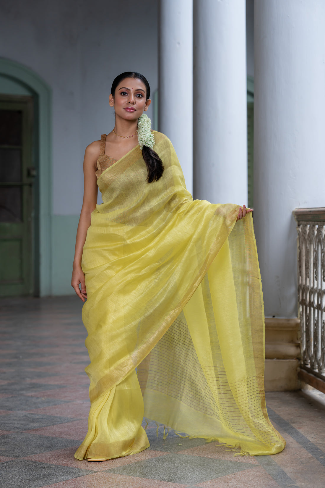 Cocktail Bliss Lemon Yellow Linen Silk Sari