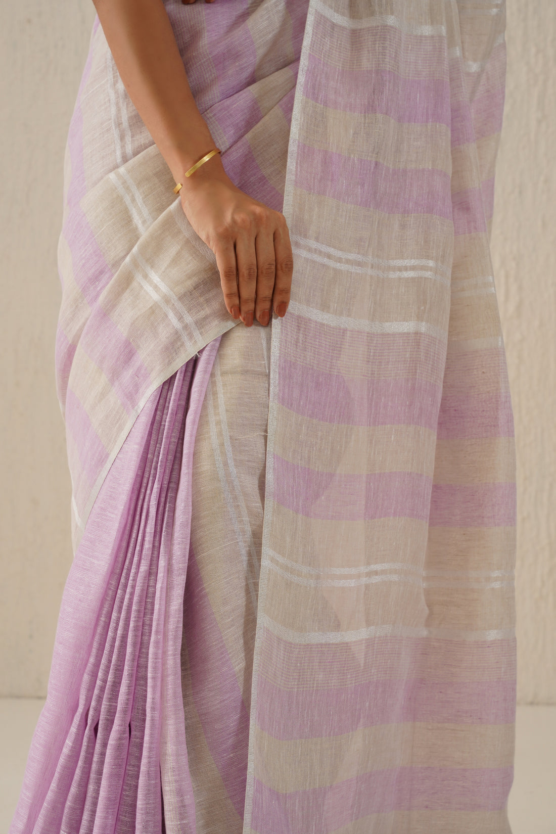 Esha Lavender & Beige Stripes Handloom Linen Sari