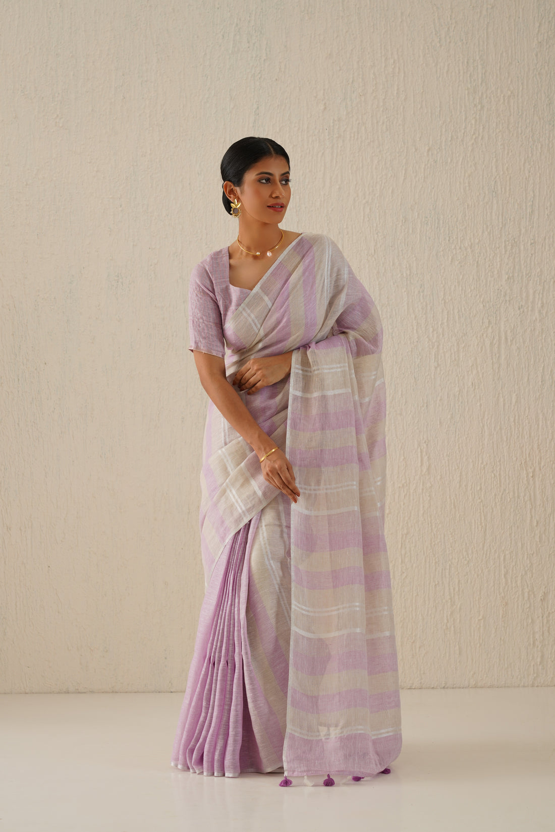 Esha Lavender & Beige Stripes Handloom Linen Sari