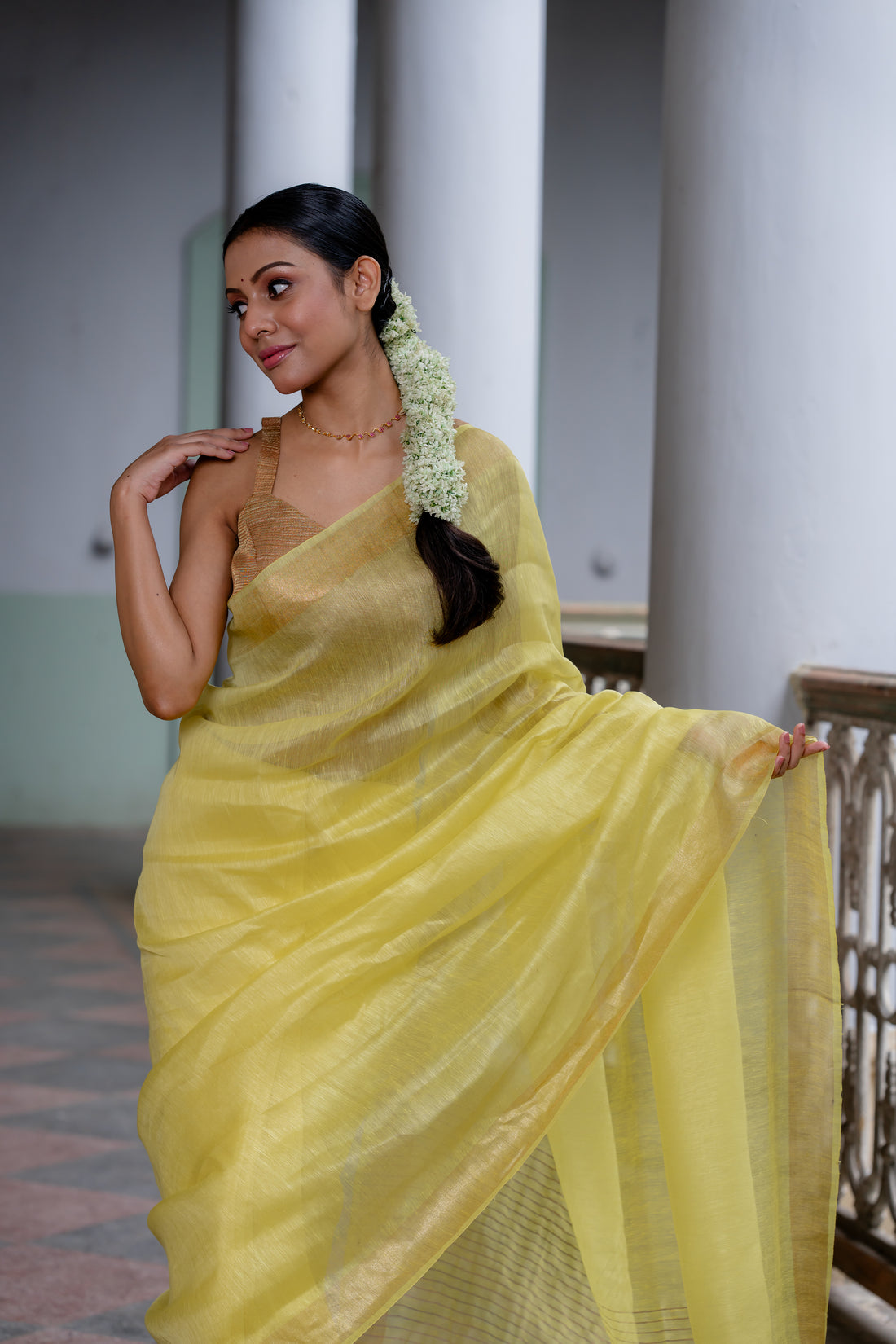 Cocktail Bliss Lemon Yellow Linen Silk Sari