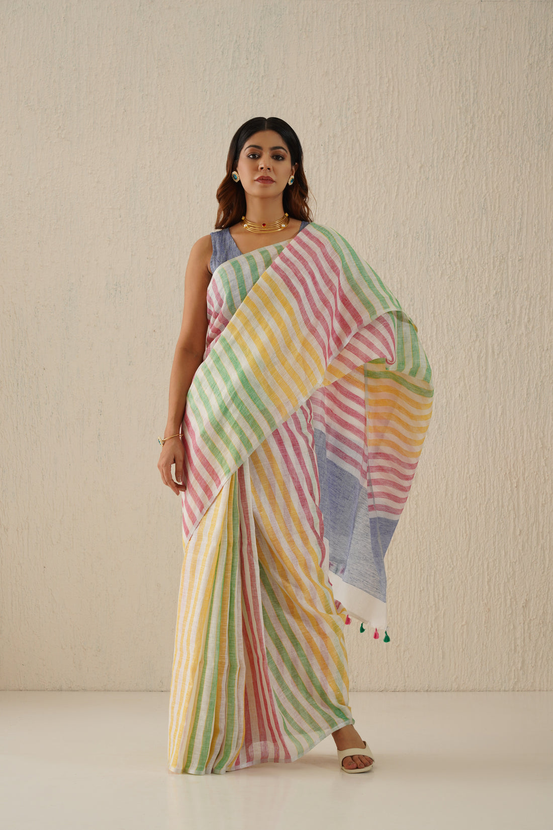 Eyecandy Stripe Handloom Linen Sari