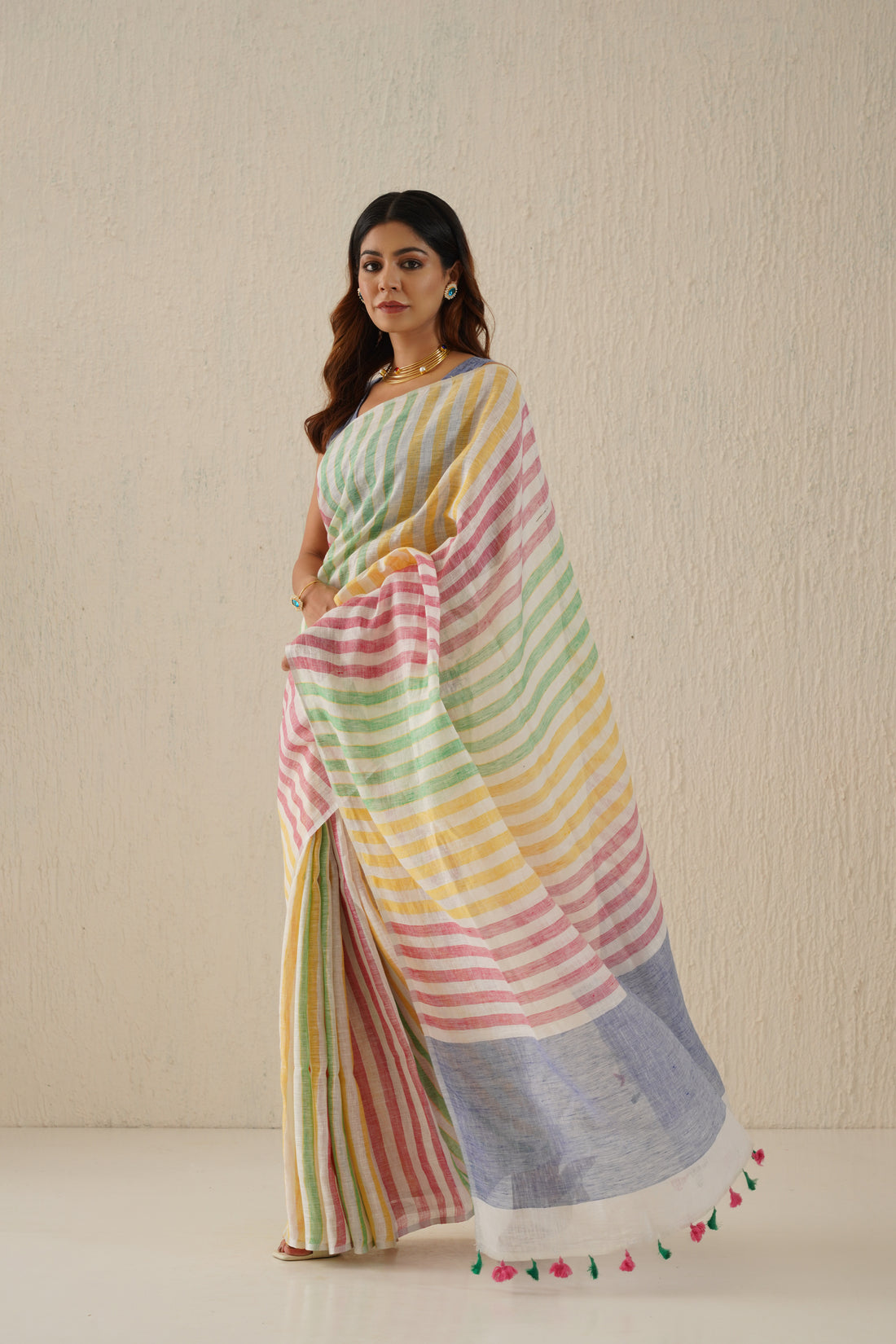 Eyecandy Stripe Handloom Linen Sari