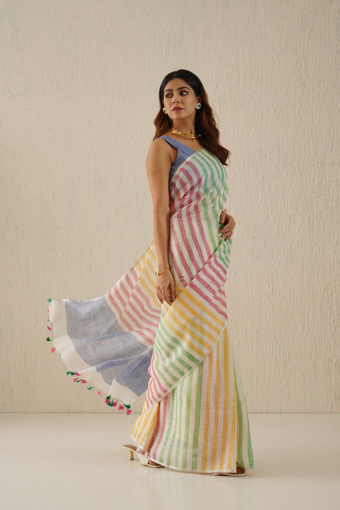 Eyecandy Stripe Handloom Linen Sari