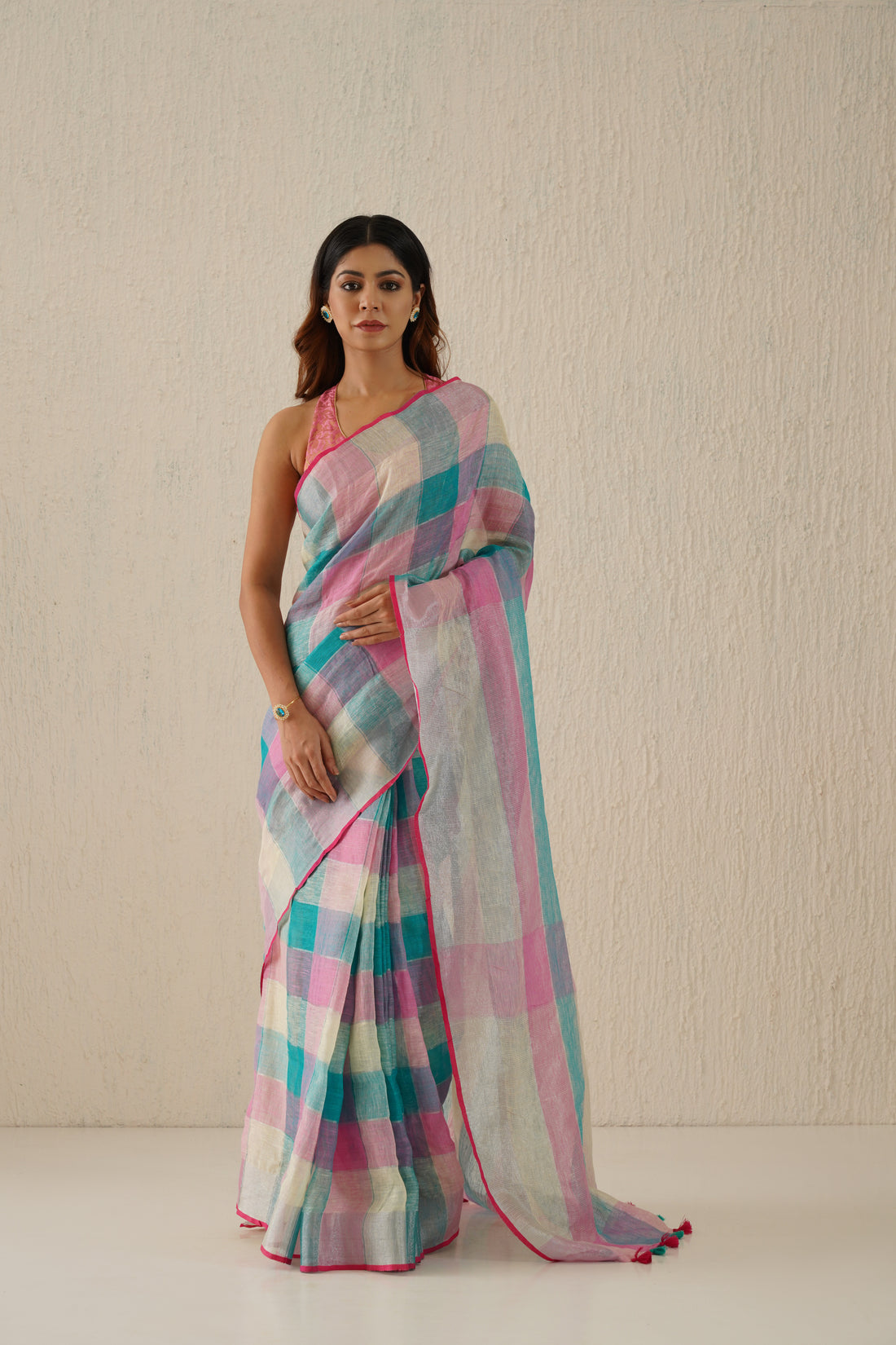 Ishika Multicolor Stripe Handloom Linen Sari with Zari