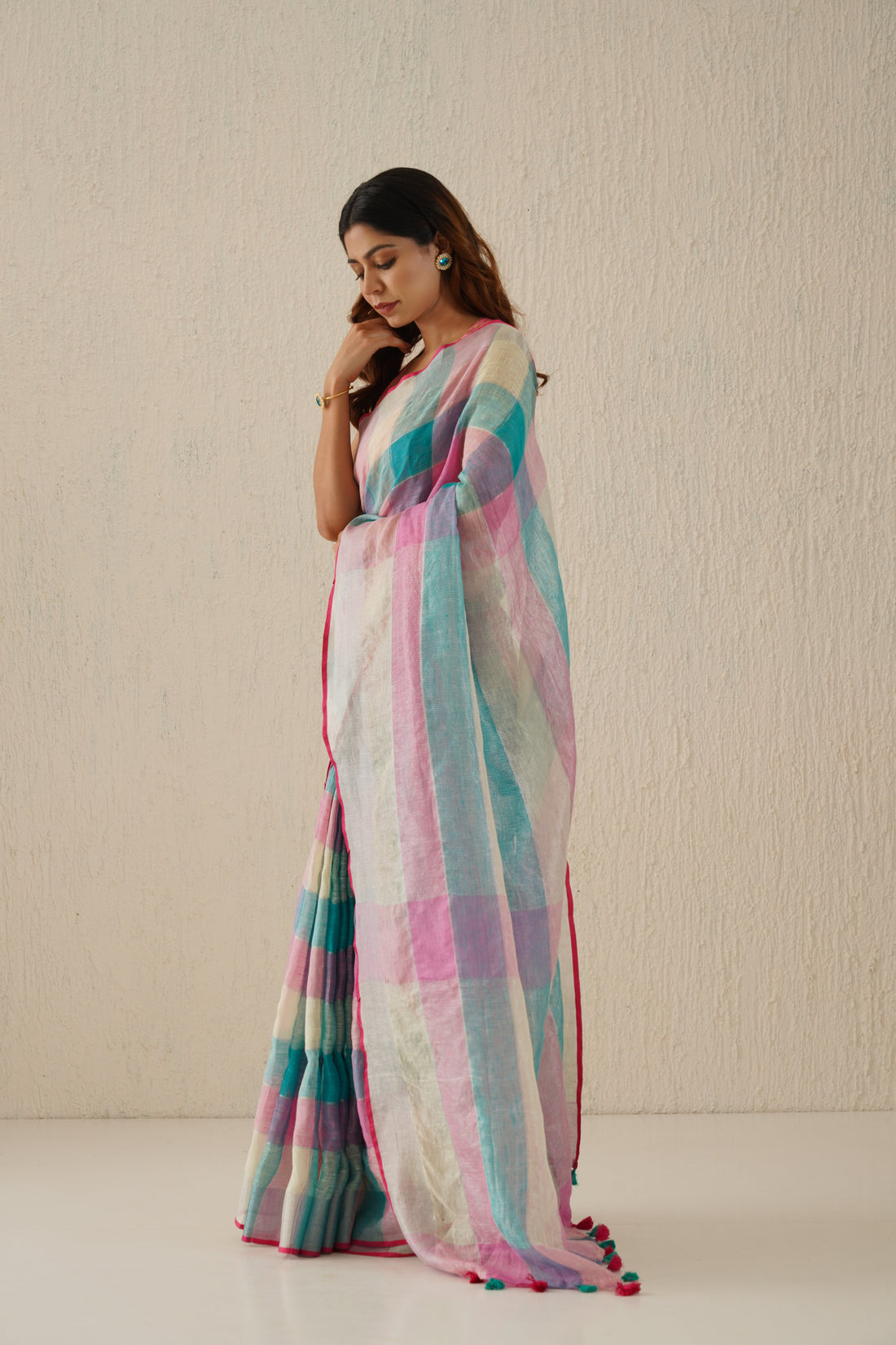 Ishika Multicolor Stripe Handloom Linen Sari with Zari