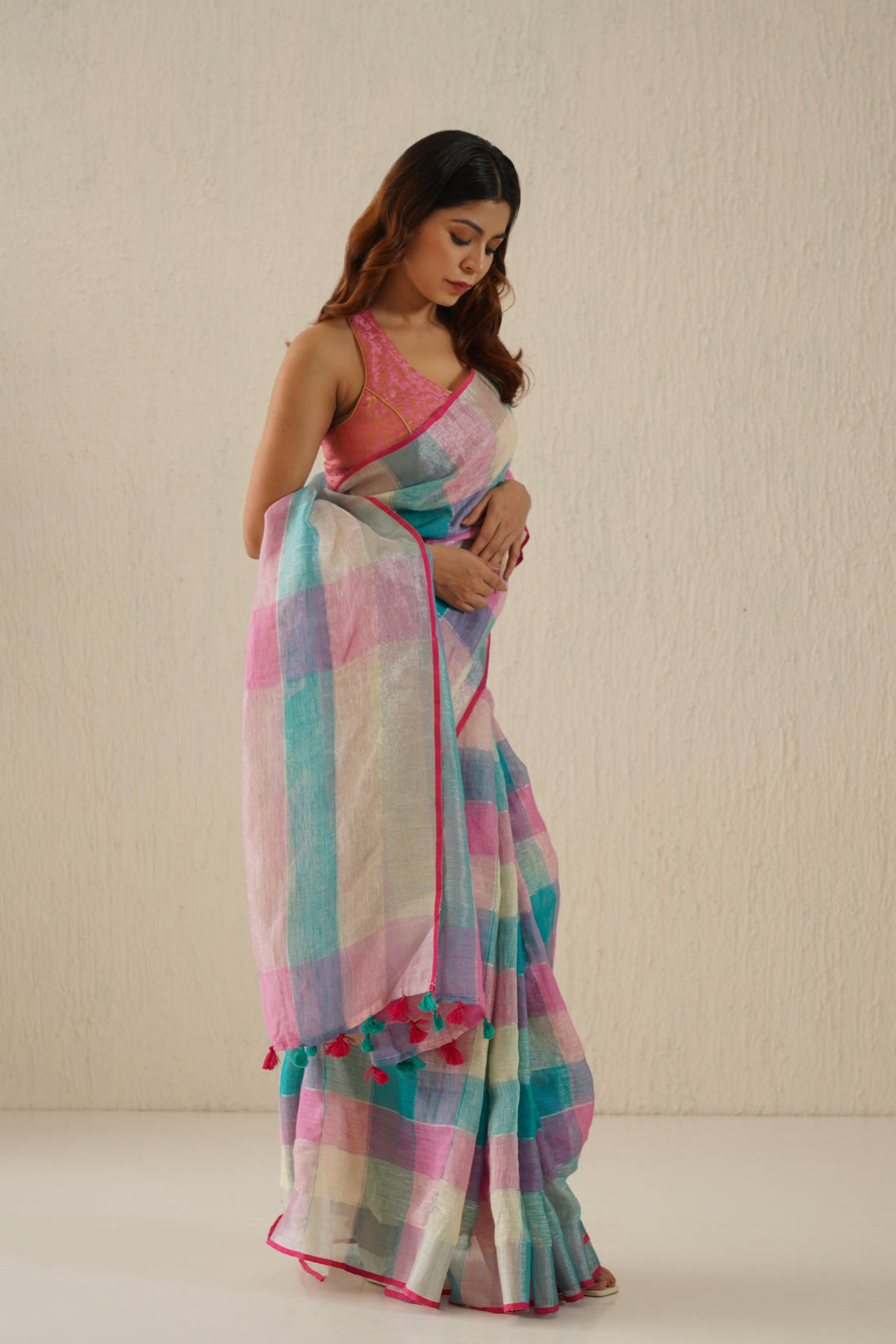 Ishika Multicolor Stripe Handloom Linen Sari with Zari