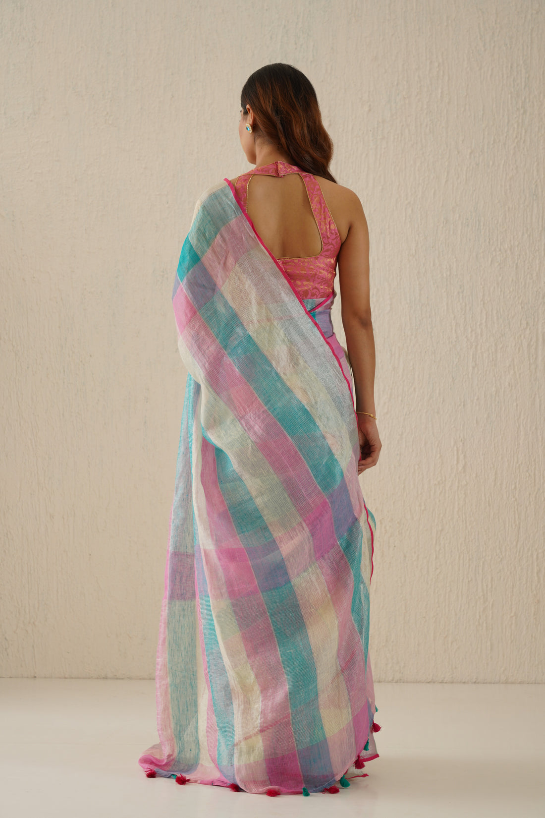 Ishika Multicolor Stripe Handloom Linen Sari with Zari