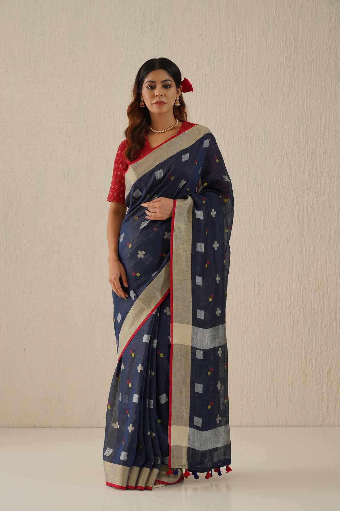 Navy Blue & Silver Handloom Linen Jamdani Sari