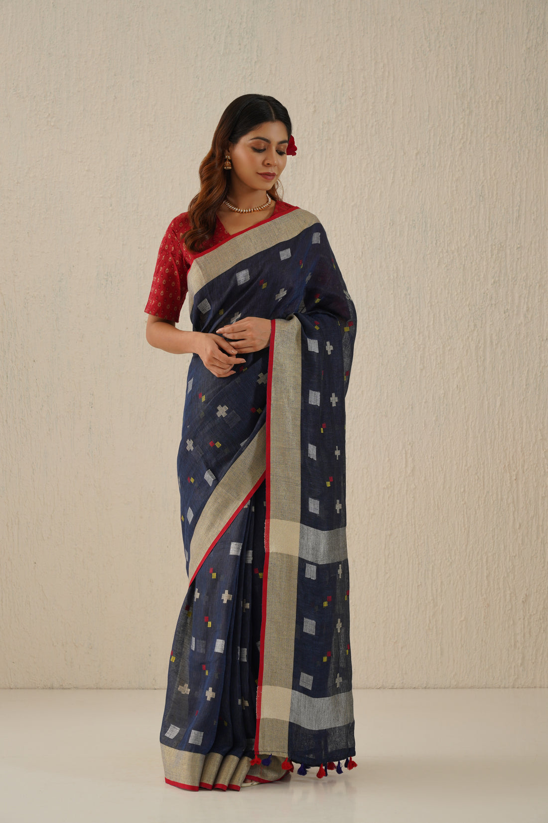 Navy Blue & Silver Handloom Linen Jamdani Sari